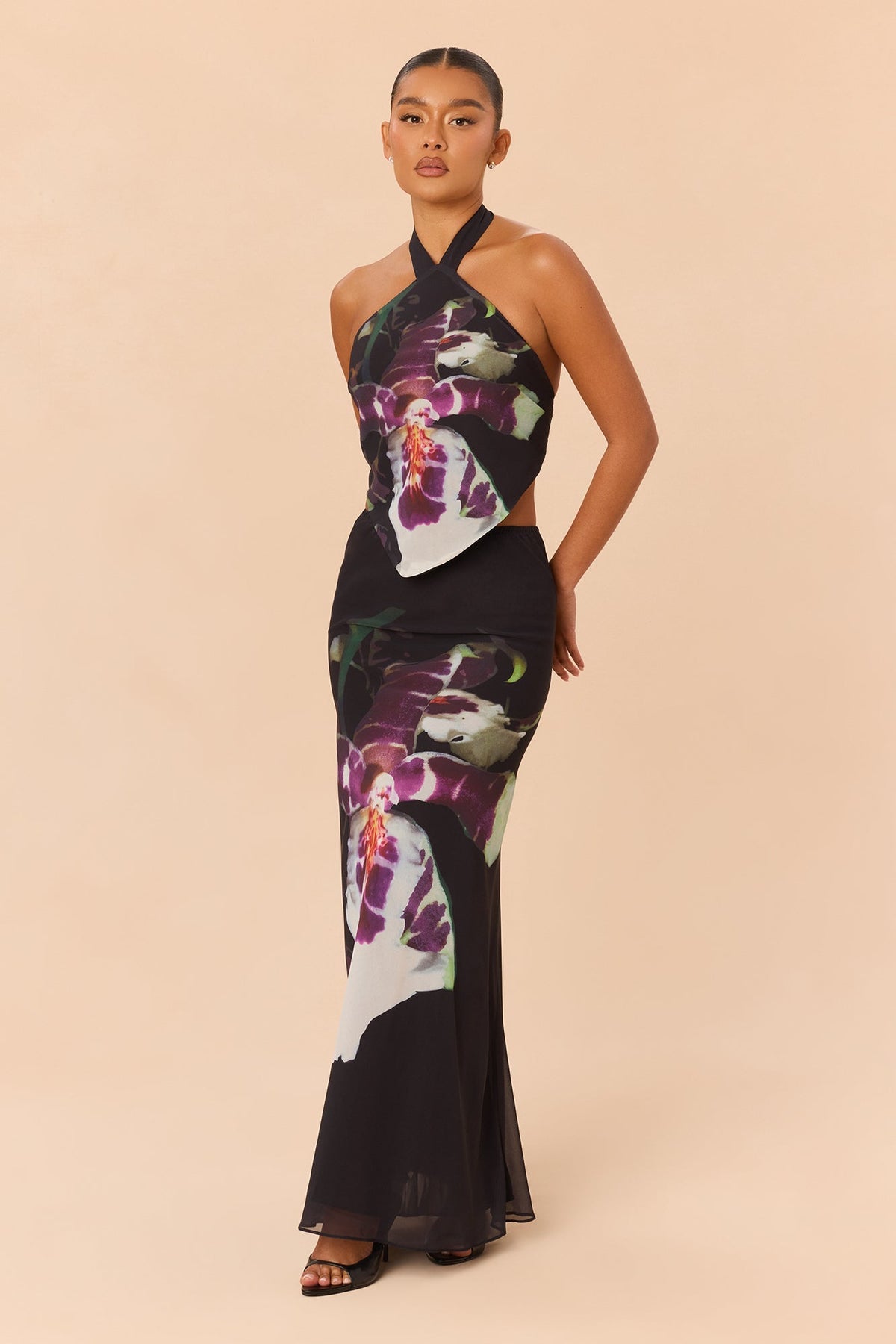 Dark Orchids Chiffon Maxi Skirt Set - Black/combo