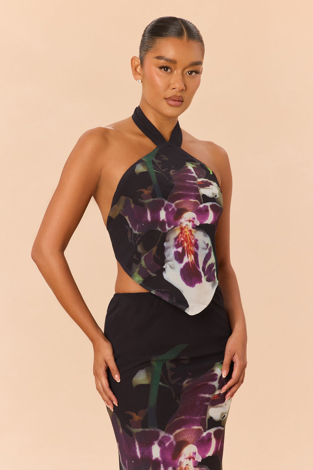 Dark Orchids Chiffon Maxi Skirt Set - Black/combo