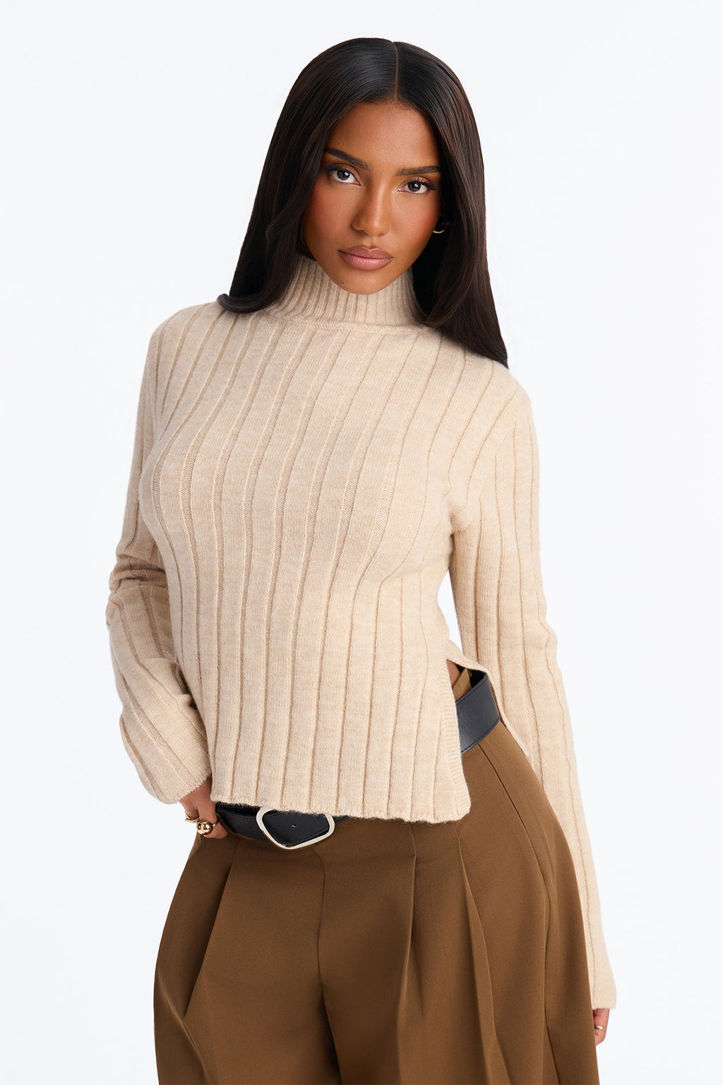 Casual Love Mock Neck Pullover Sweater - Taupe