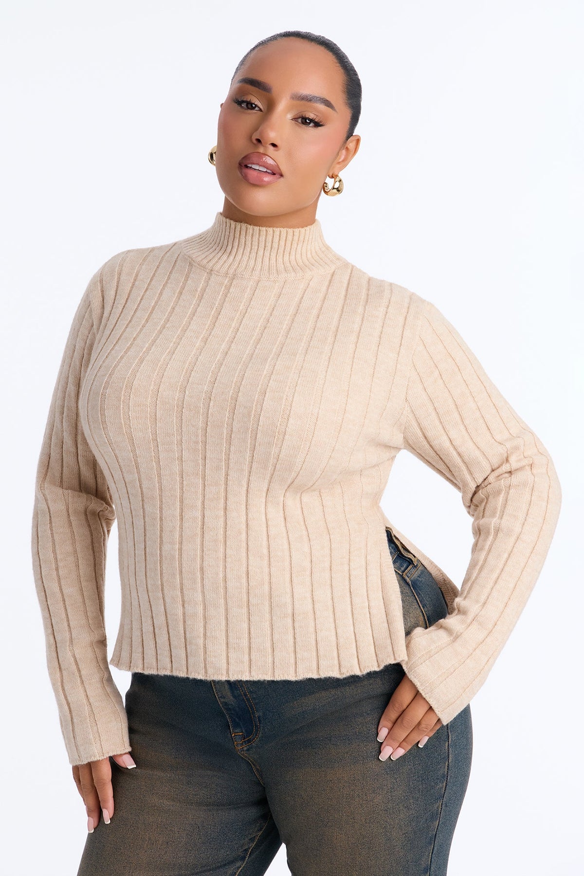 Casual Love Mock Neck Pullover Sweater - Taupe