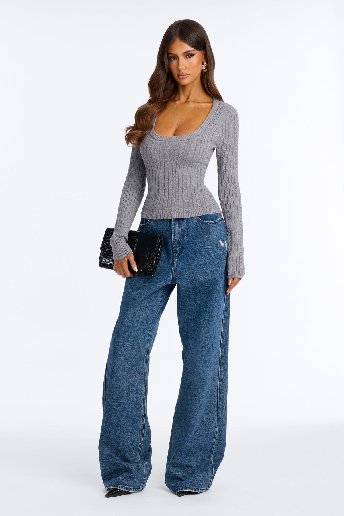 Serene Scoop Neck Cable Knit Pullover Sweater - Heather Grey