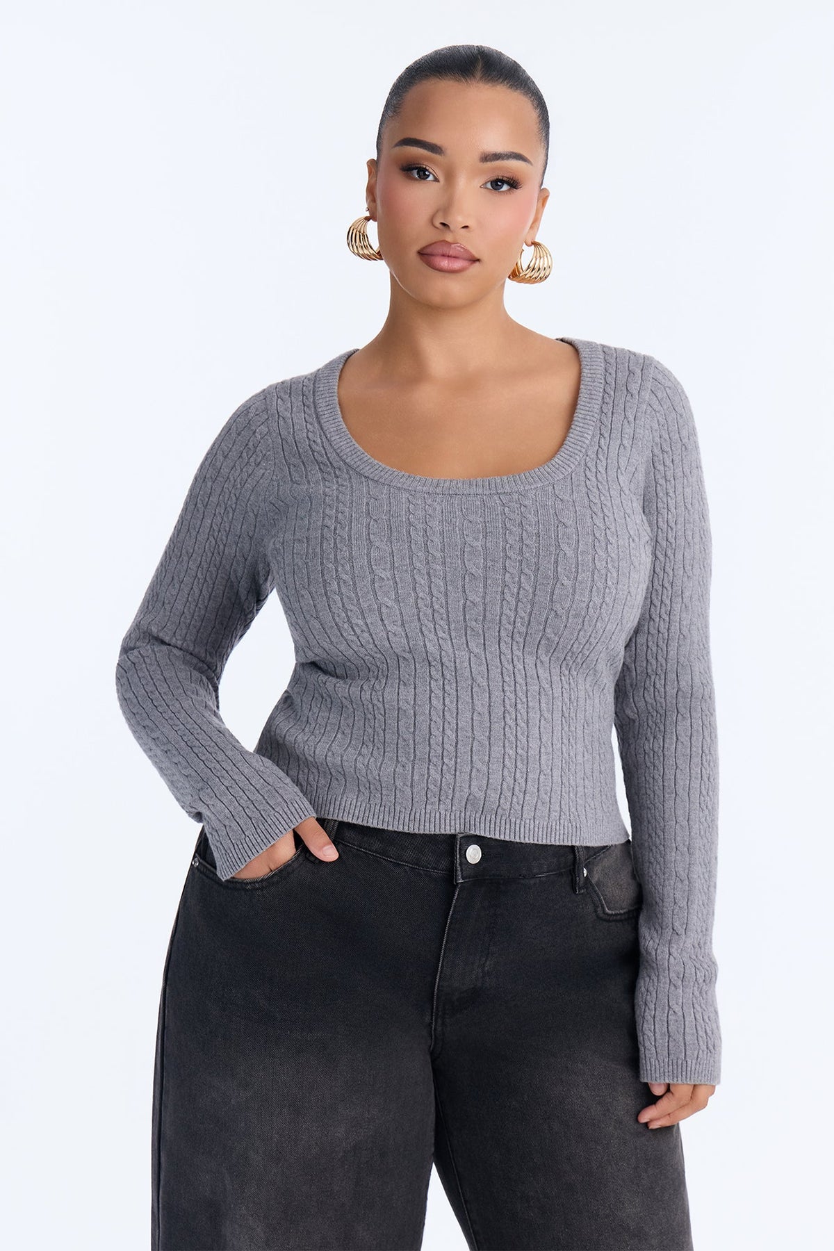 Serene Scoop Neck Cable Knit Pullover Sweater - Heather Grey