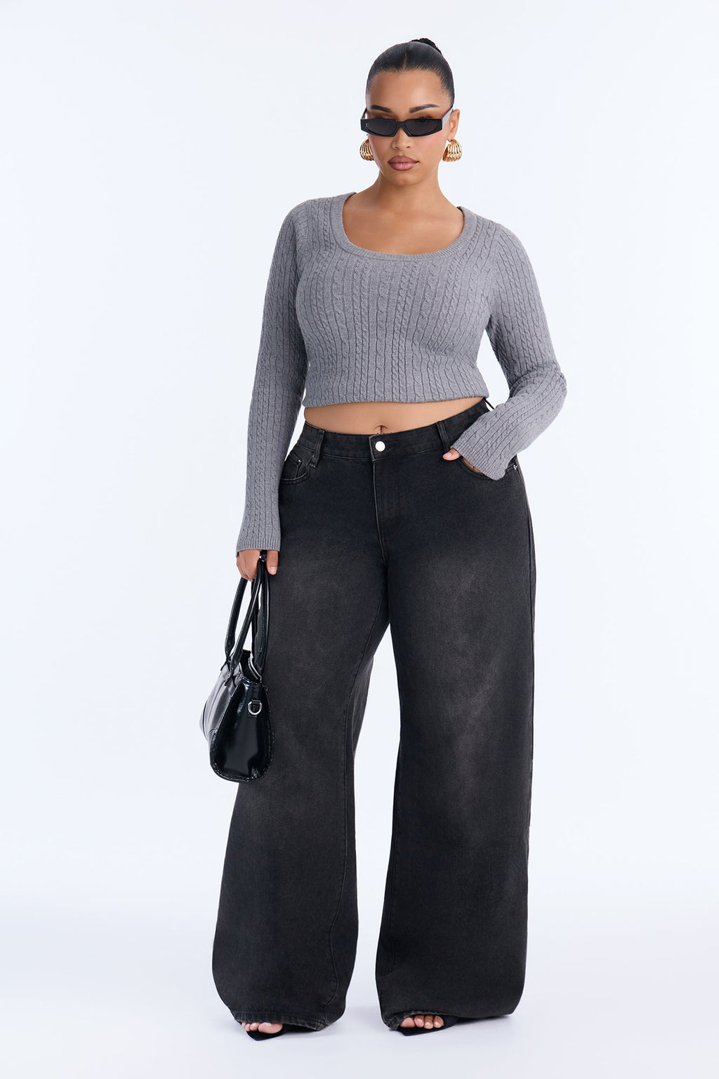 Serene Scoop Neck Cable Knit Pullover Sweater - Heather Grey