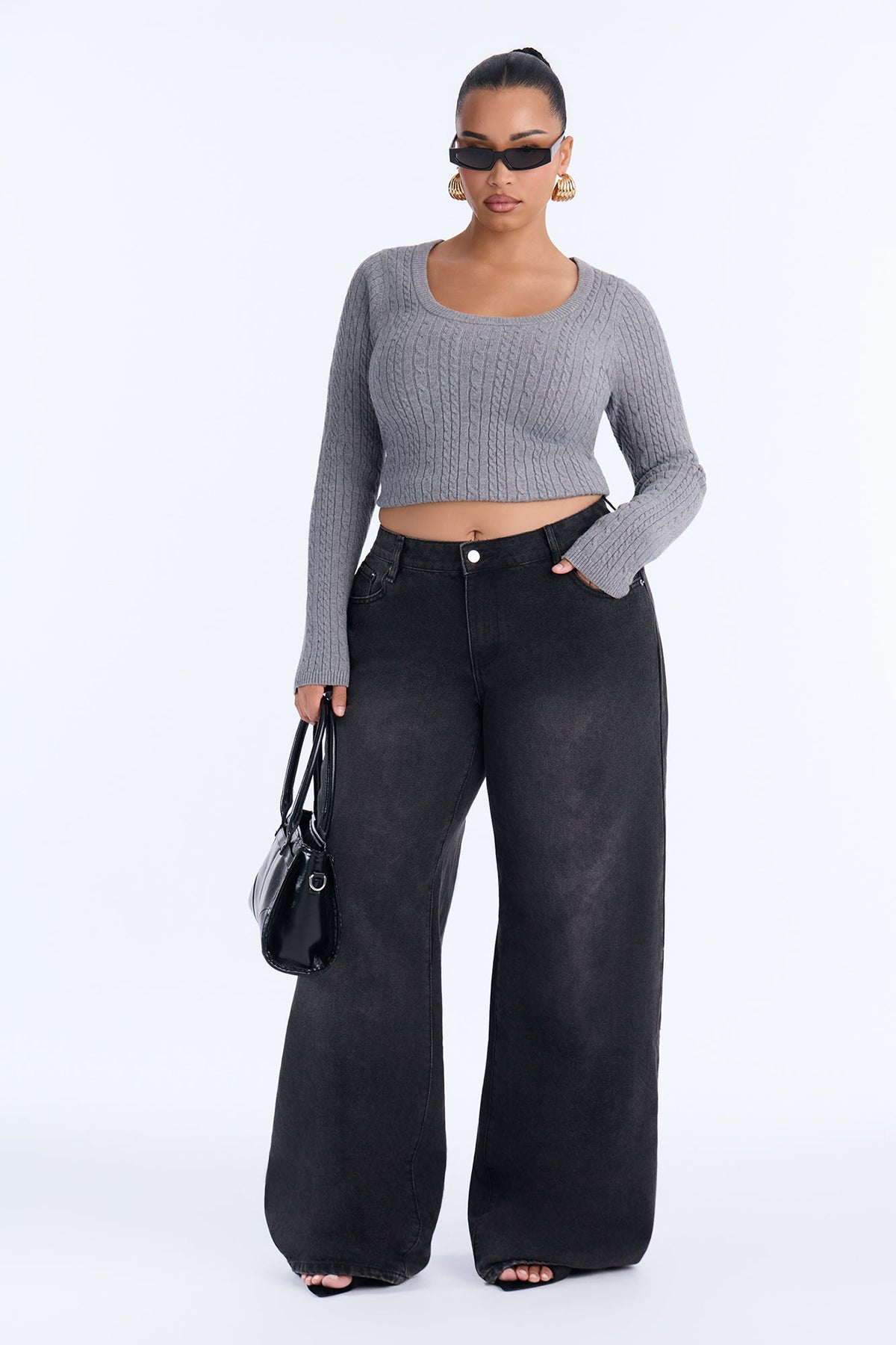 Serene Scoop Neck Cable Knit Pullover Sweater - Heather Grey