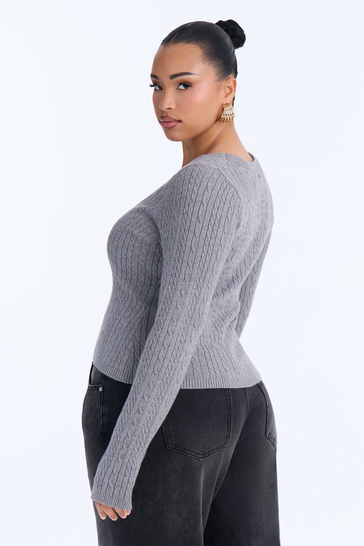 Serene Scoop Neck Cable Knit Pullover Sweater - Heather Grey