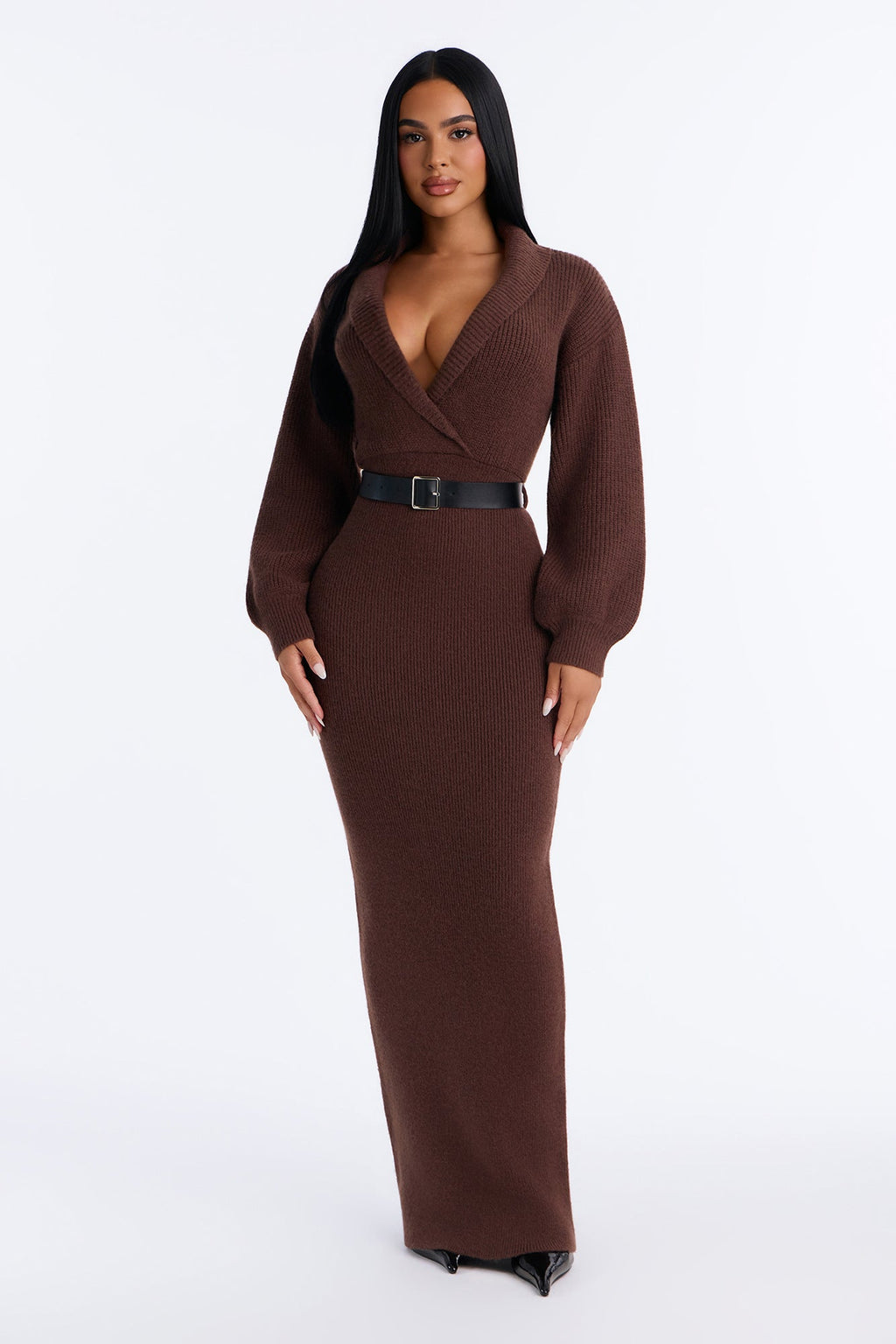 Solene Long Sleeve Sweater Maxi Dress - Chocolate