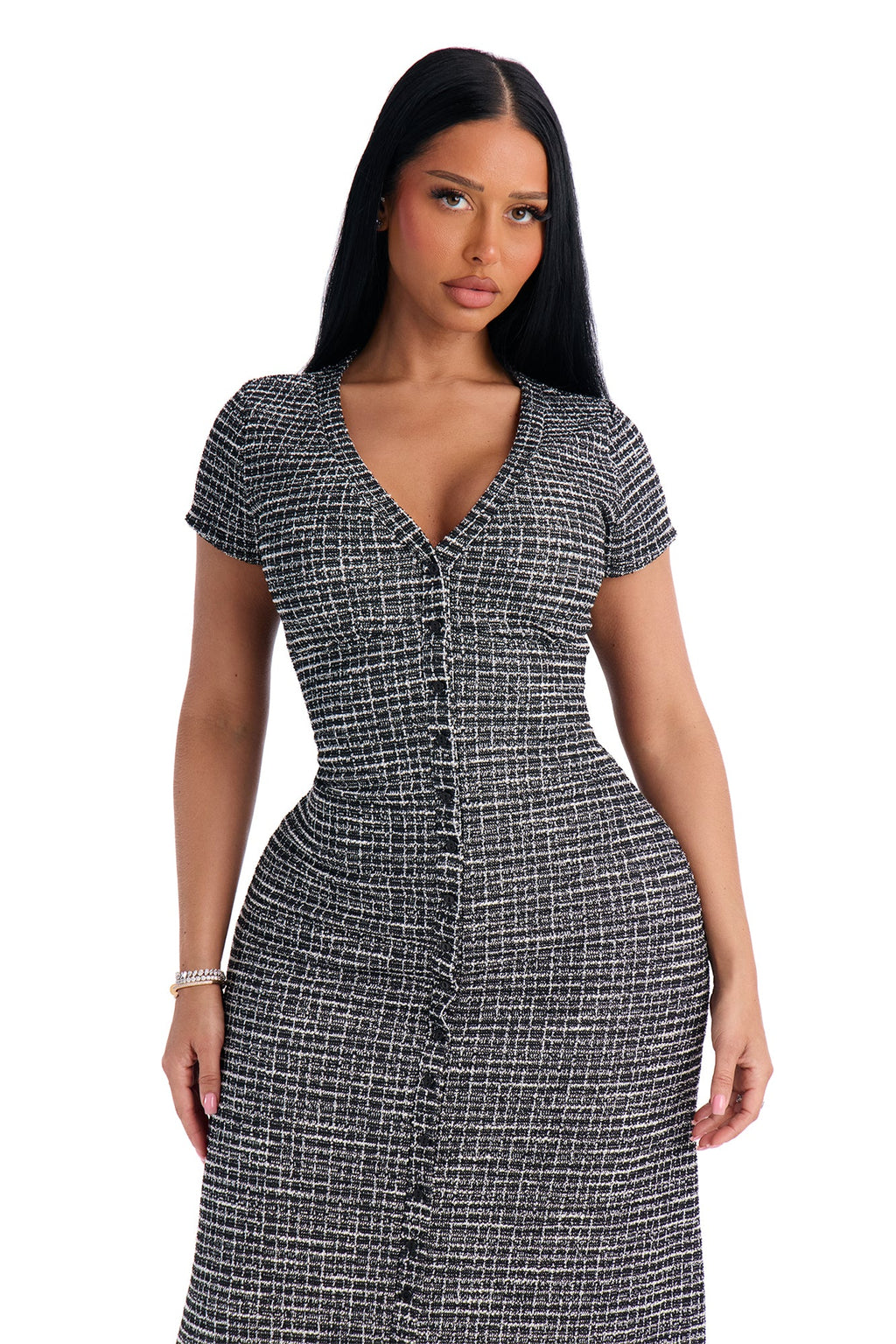 Nora V Neck Plaid Midi Dress - Black/combo