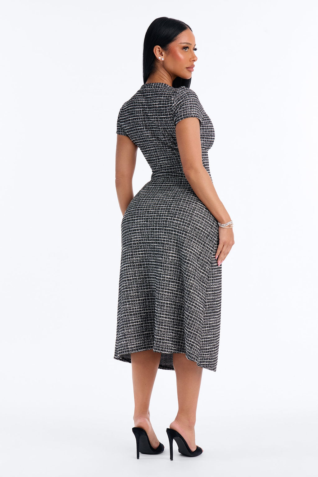 Nora V Neck Plaid Midi Dress - Black/combo