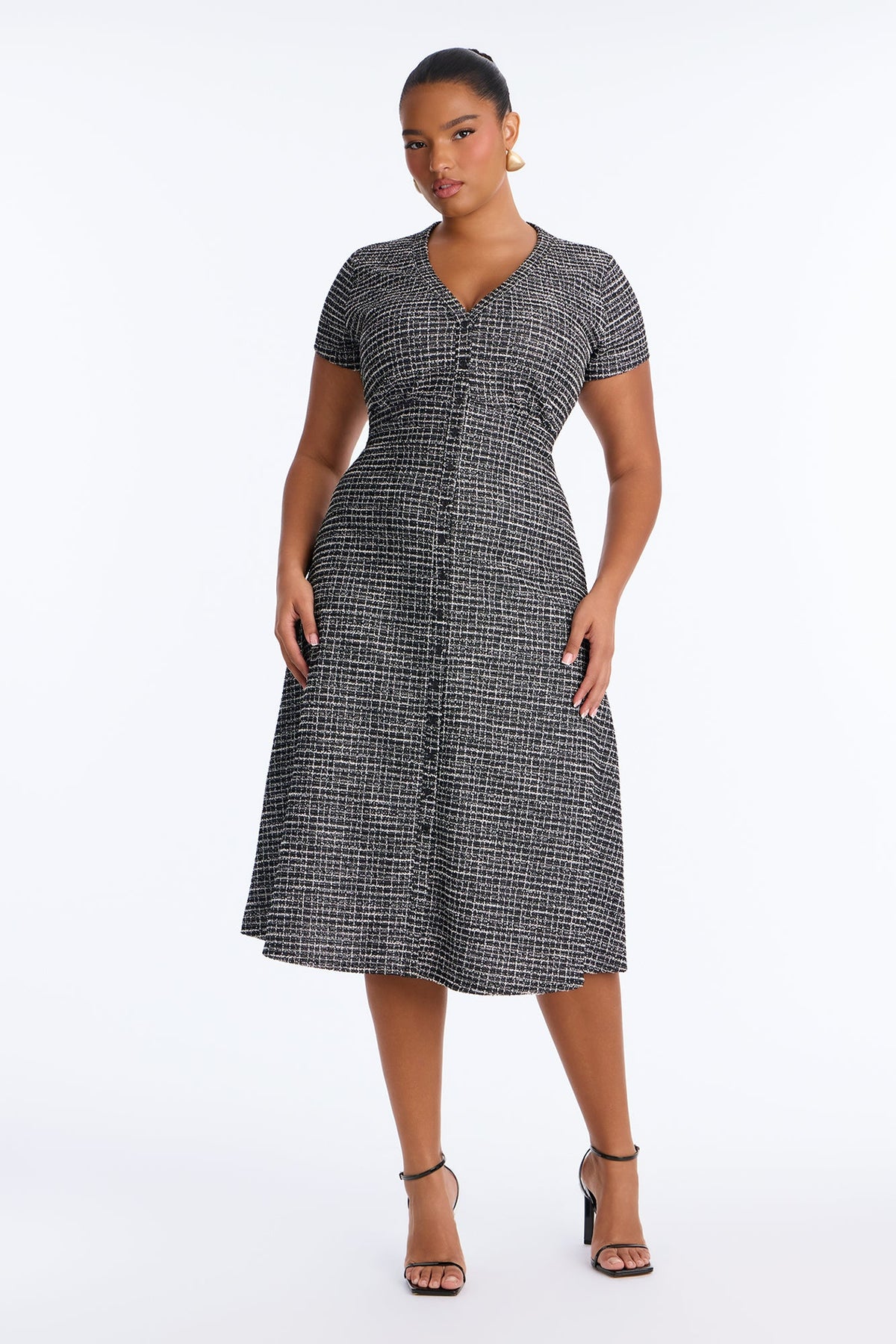 Nora V Neck Plaid Midi Dress - Black/combo
