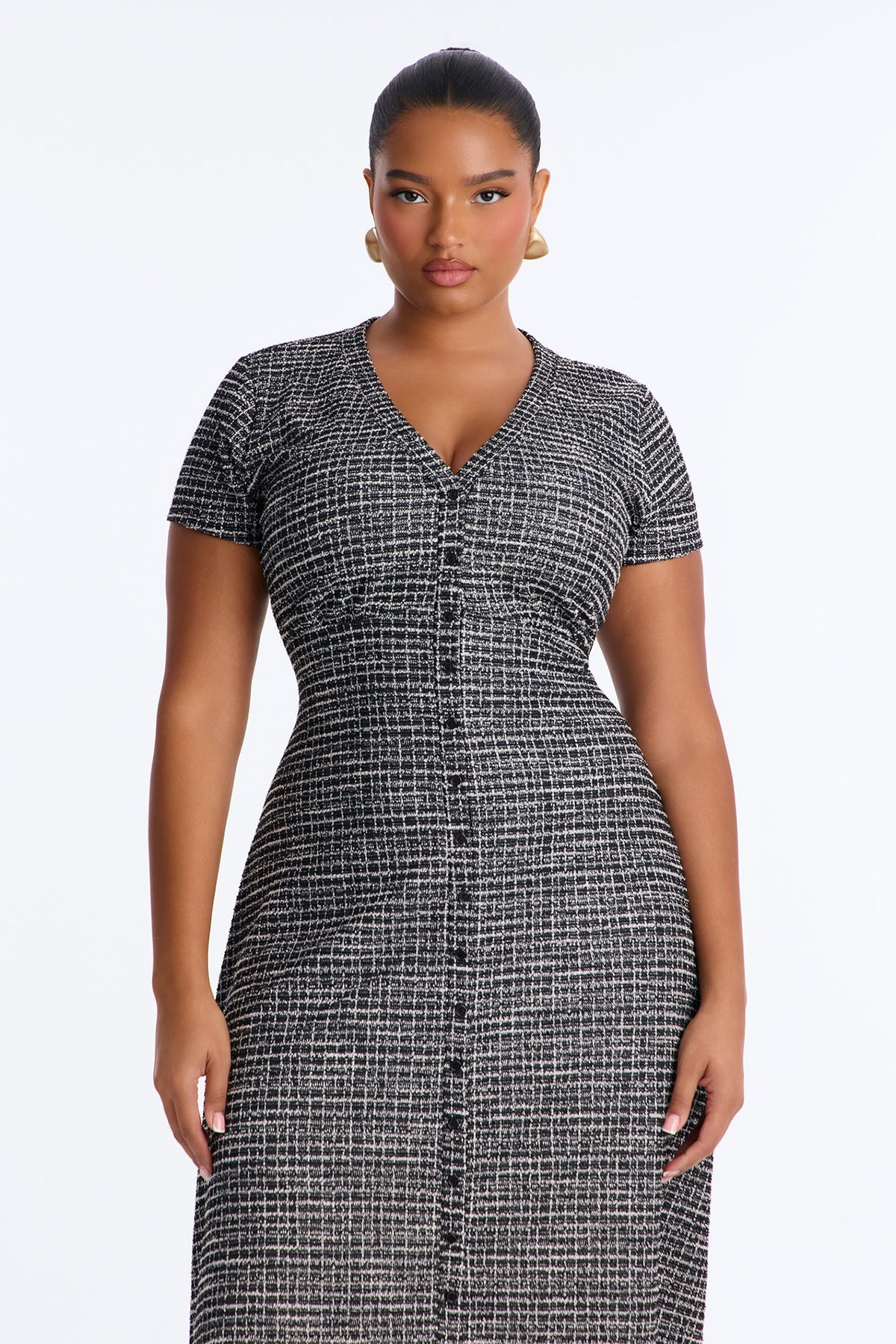 Nora V Neck Plaid Midi Dress - Black/combo