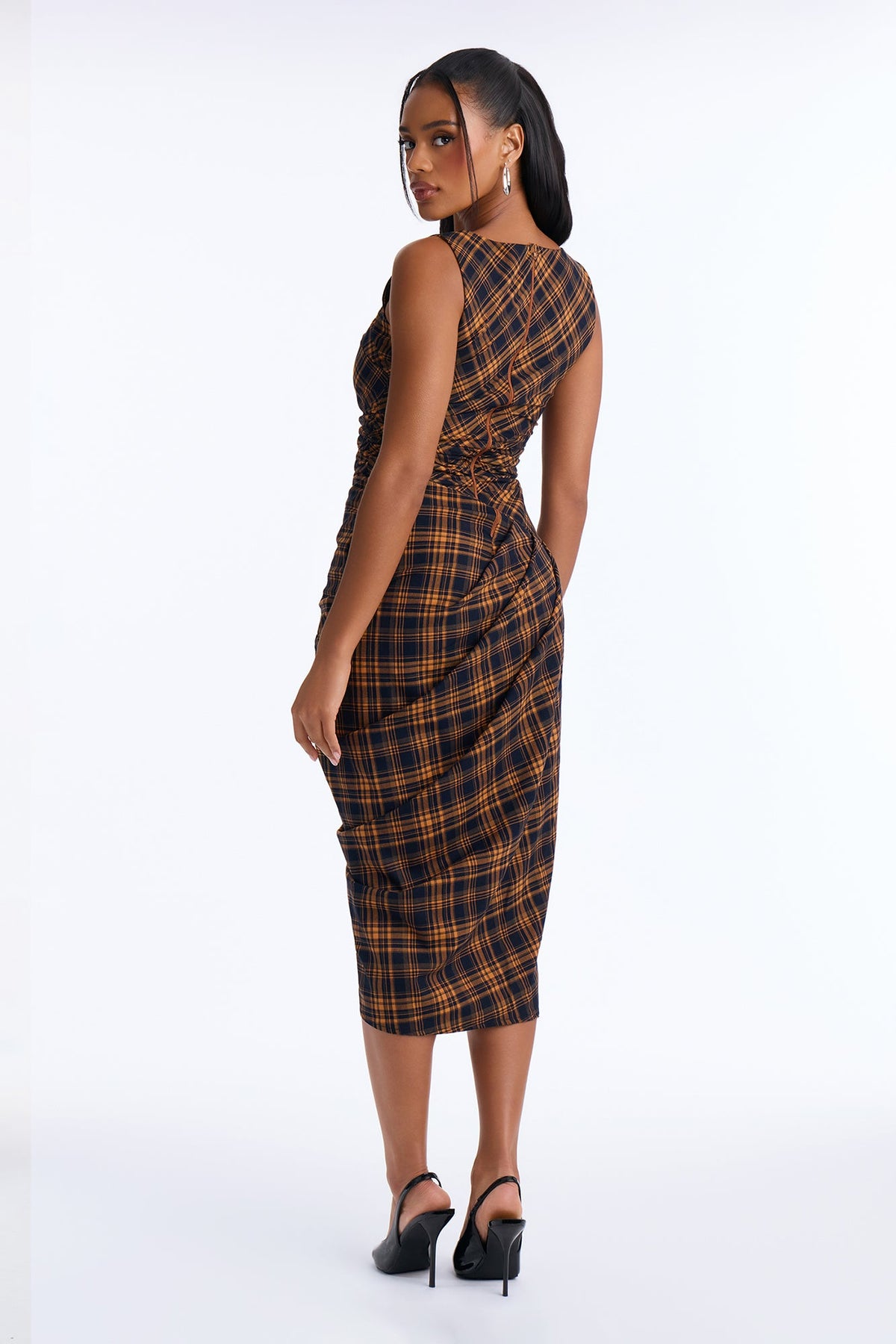 Pretty In Plaid Draped Midi Dress - Black/combo