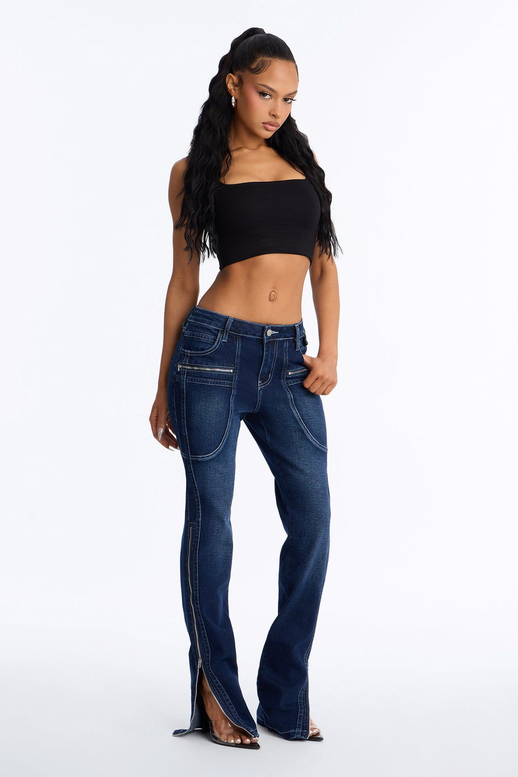 Split Decision Zipped Moto Skinny Jeans - Dark Wash