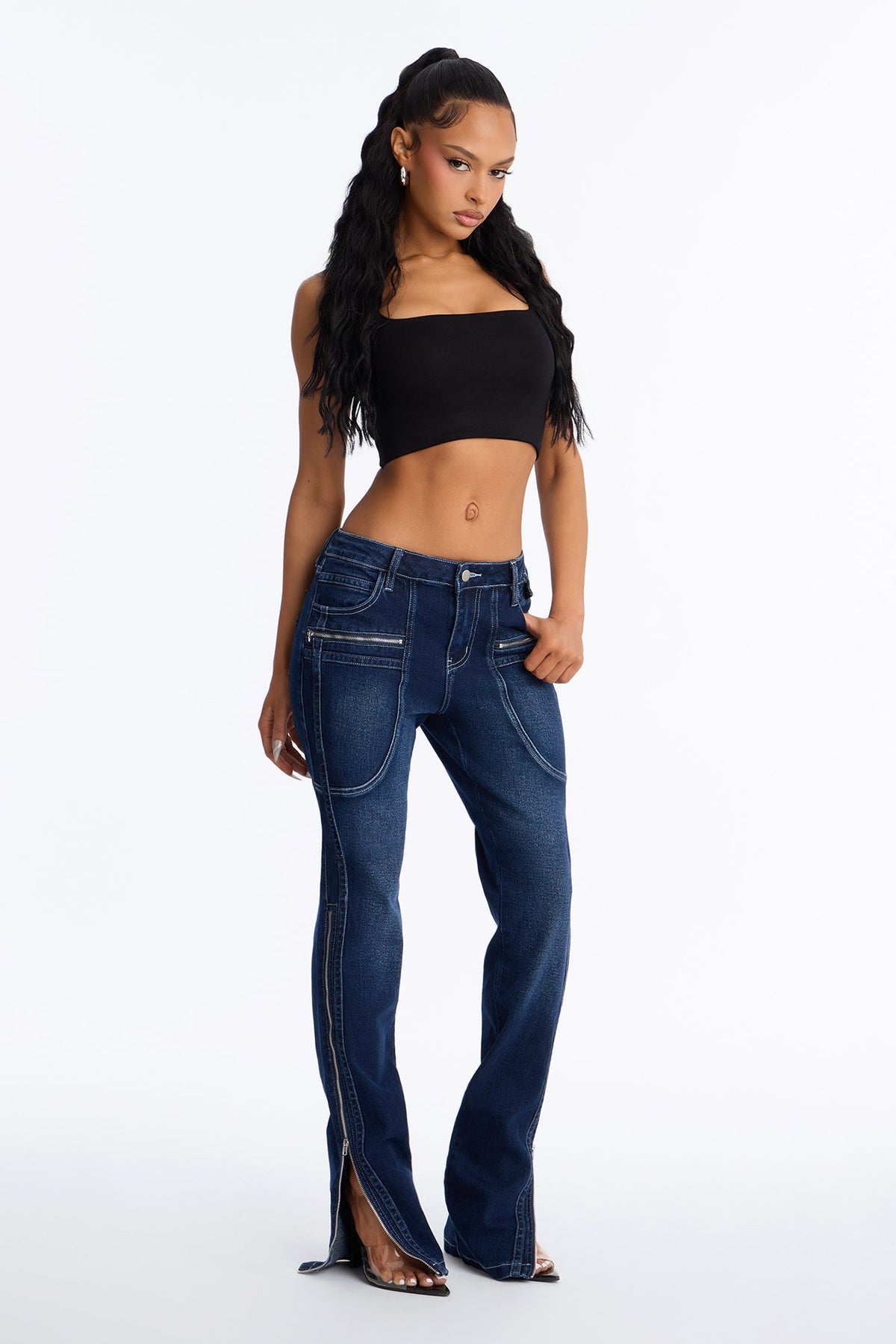 Split Decision Zipped Moto Skinny Jeans - Dark Wash
