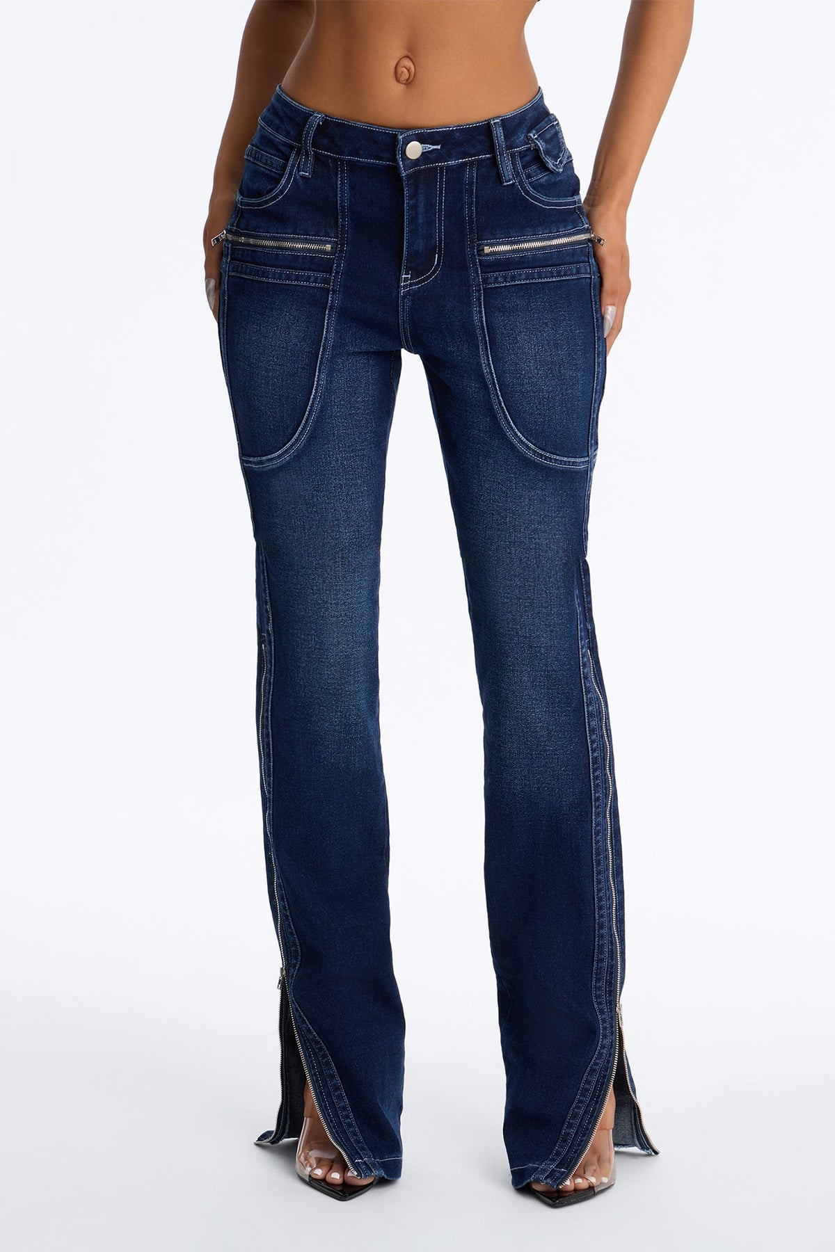 Split Decision Zipped Moto Skinny Jeans - Dark Wash