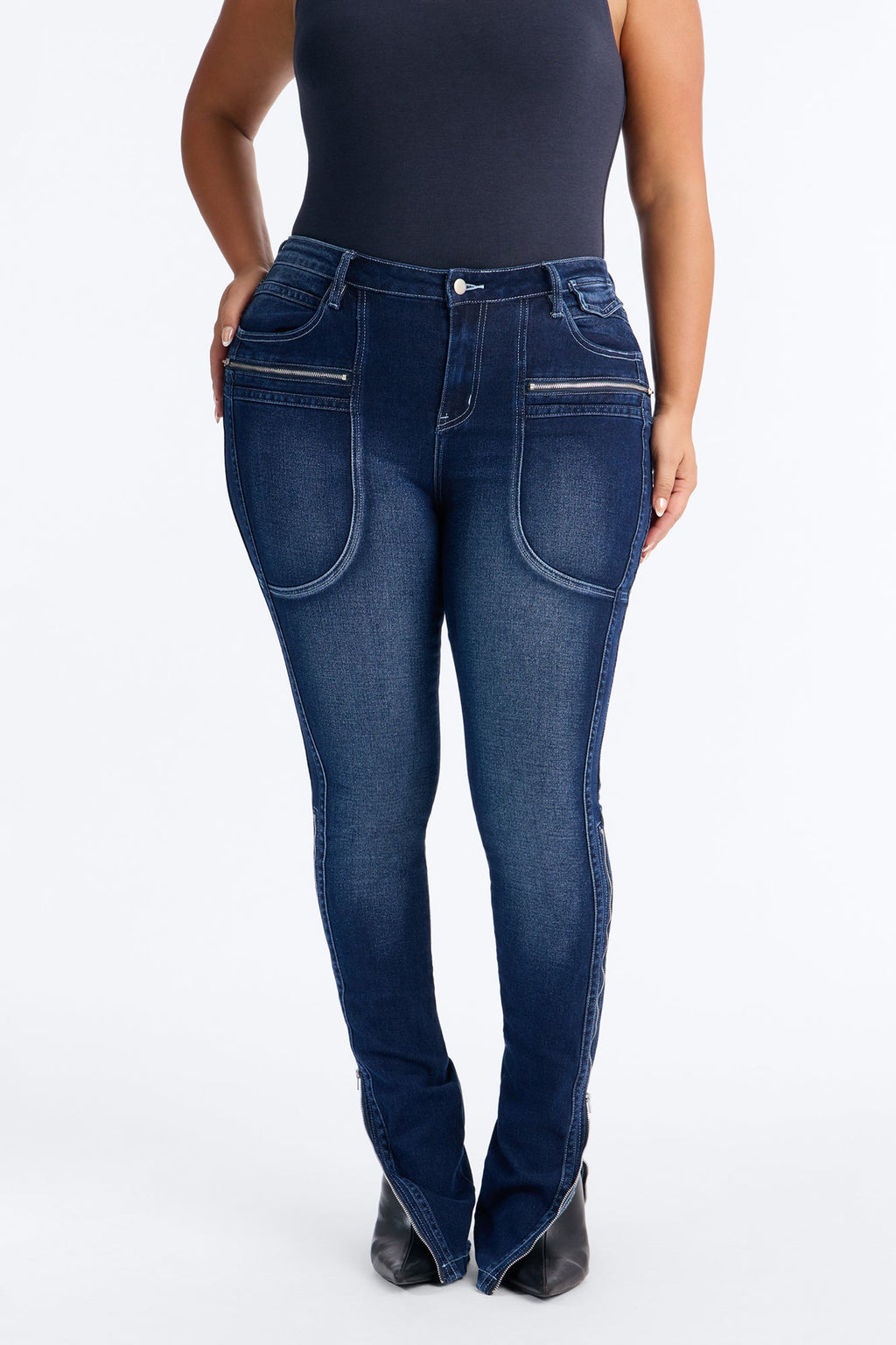 Split Decision Zipped Moto Skinny Jeans - Dark Wash