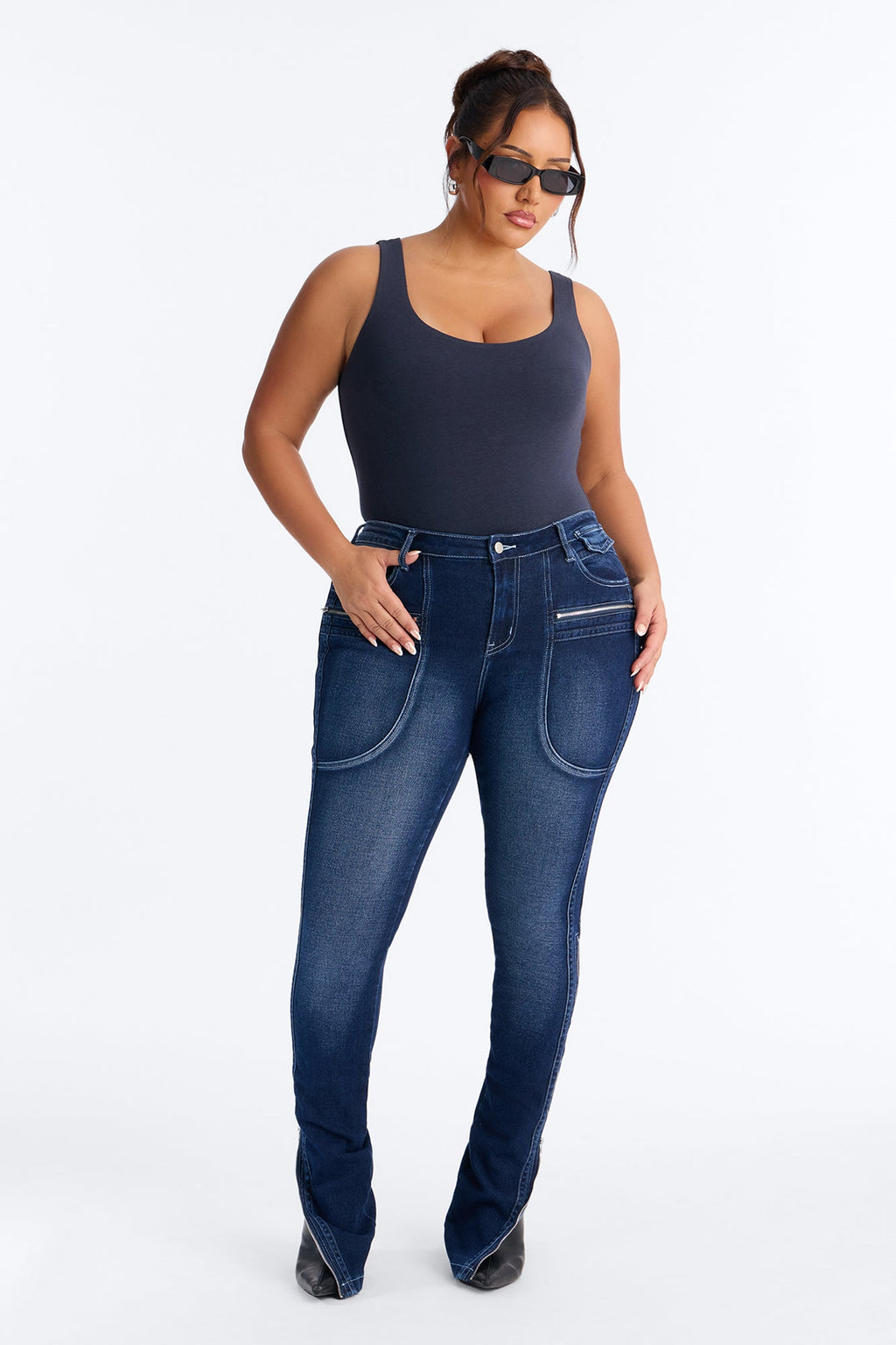 Split Decision Zipped Moto Skinny Jeans - Dark Wash
