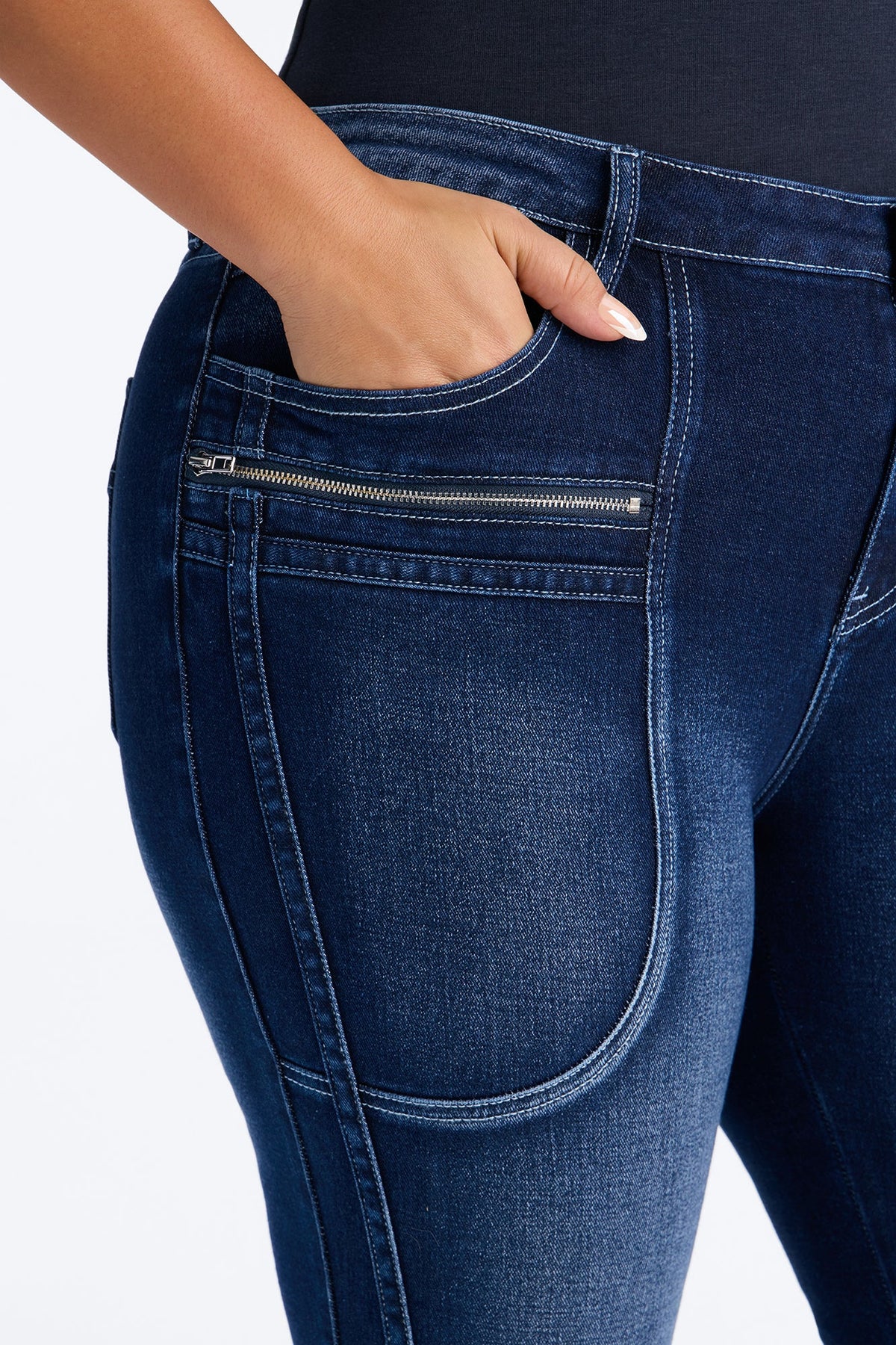 Split Decision Zipped Moto Skinny Jeans - Dark Wash
