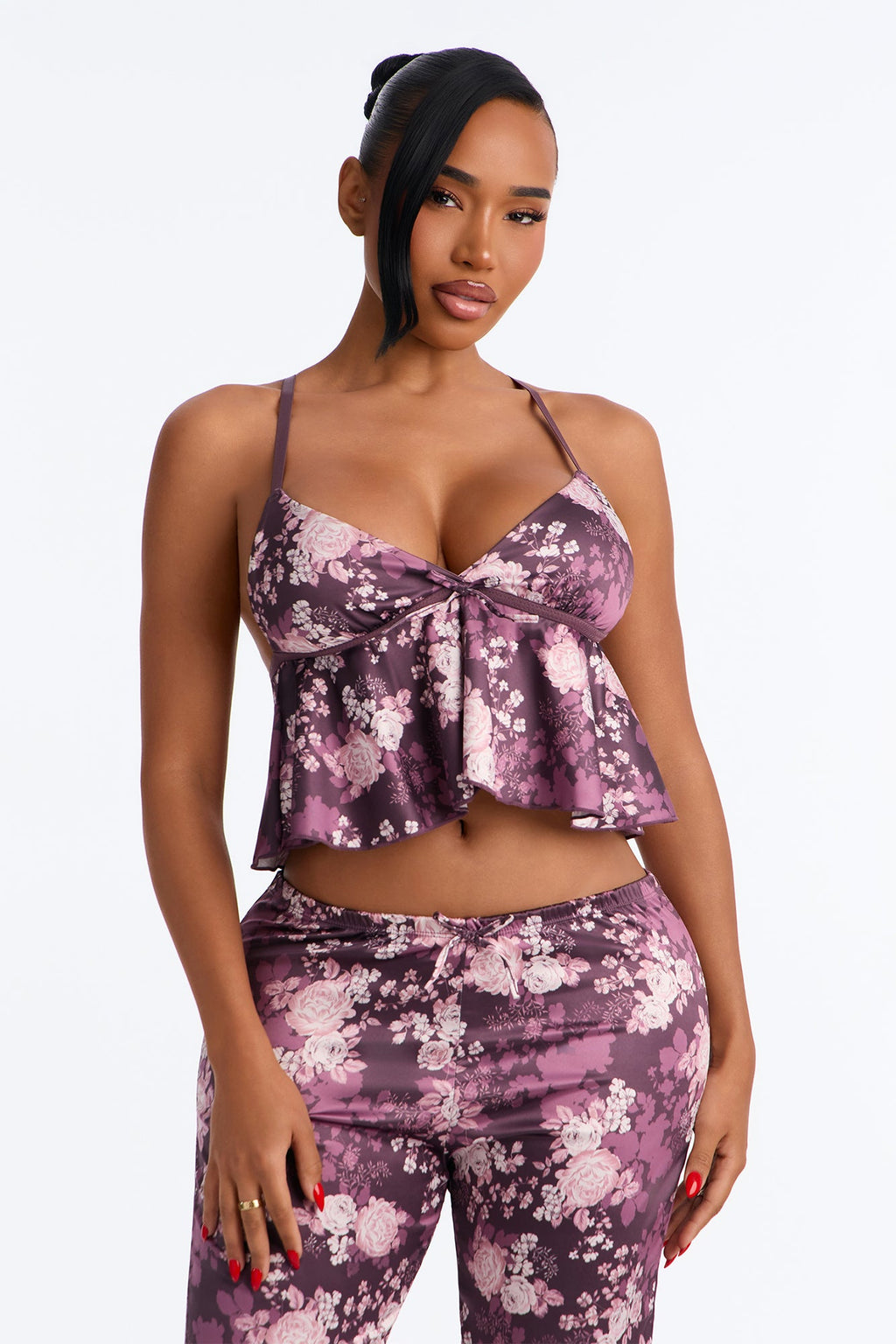 Moody Kisses Satin 2 Piece Cami & Pant Set - Plum/Multi