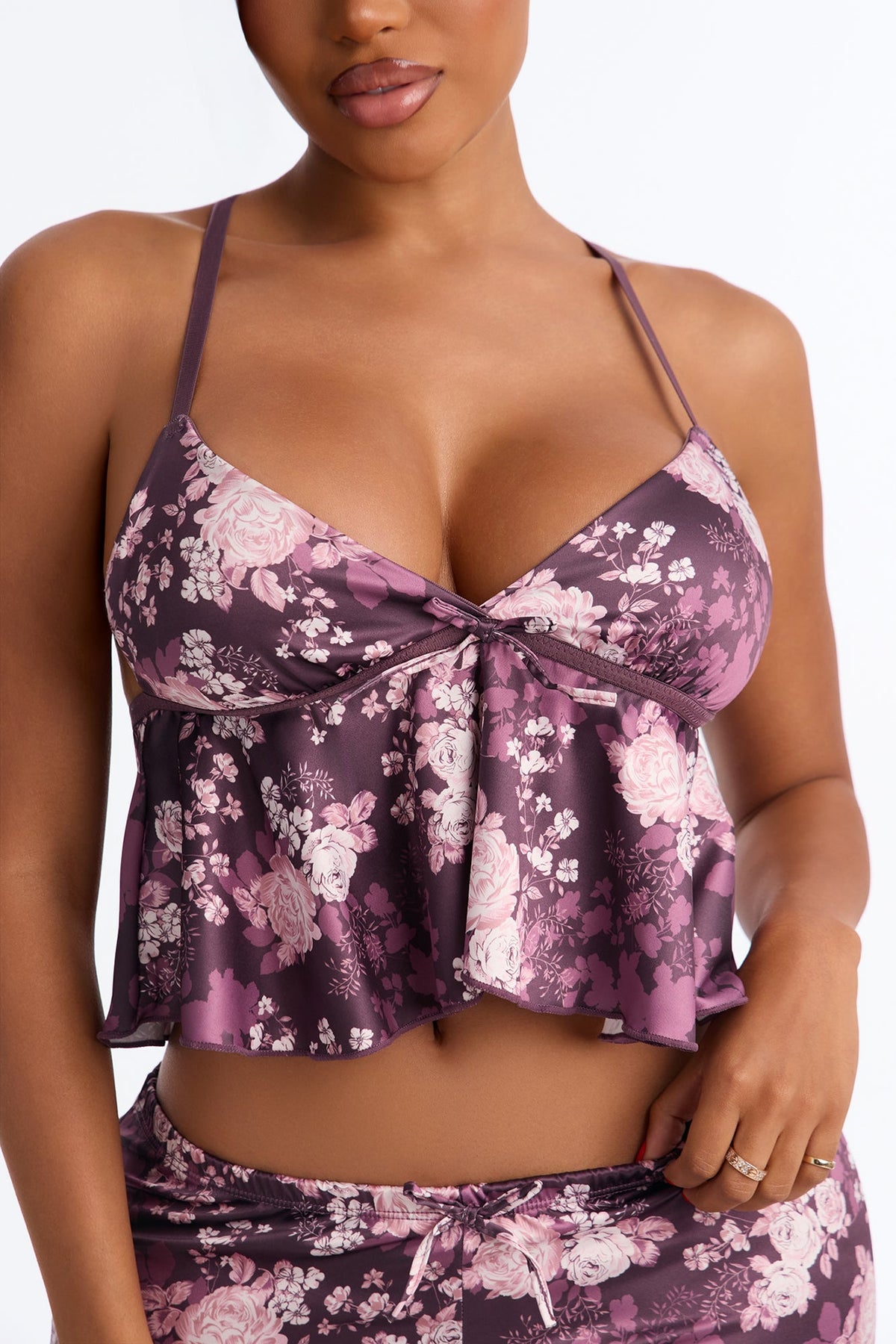 Moody Kisses Satin 2 Piece Cami & Pant Set - Plum/Multi