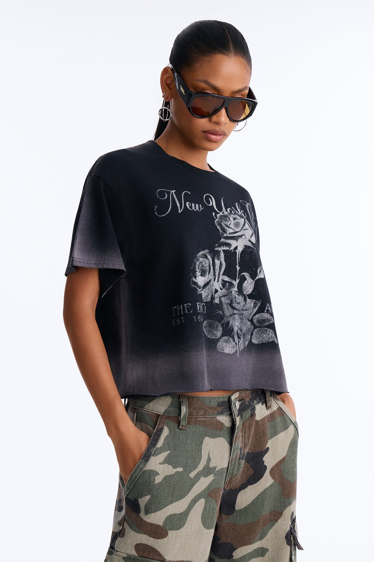 NYC Romance Washed Raw Hem Tee - Black