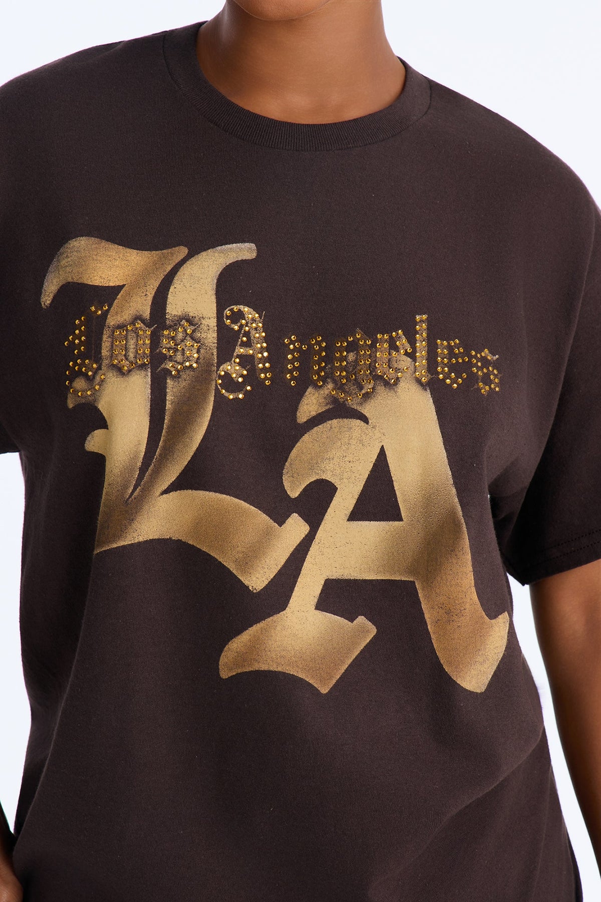Los Angeles Rhinestone Script Tee - Chocolate