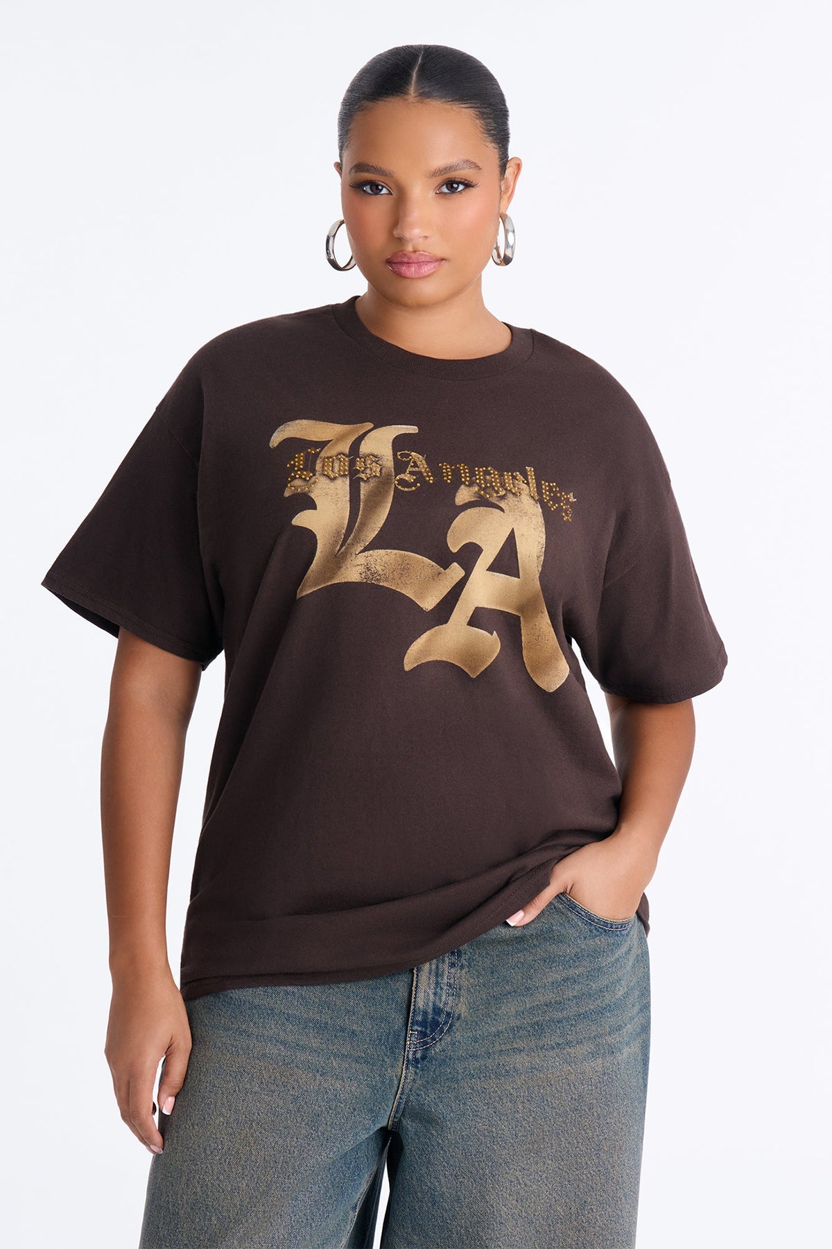 Los Angeles Rhinestone Script Tee - Chocolate
