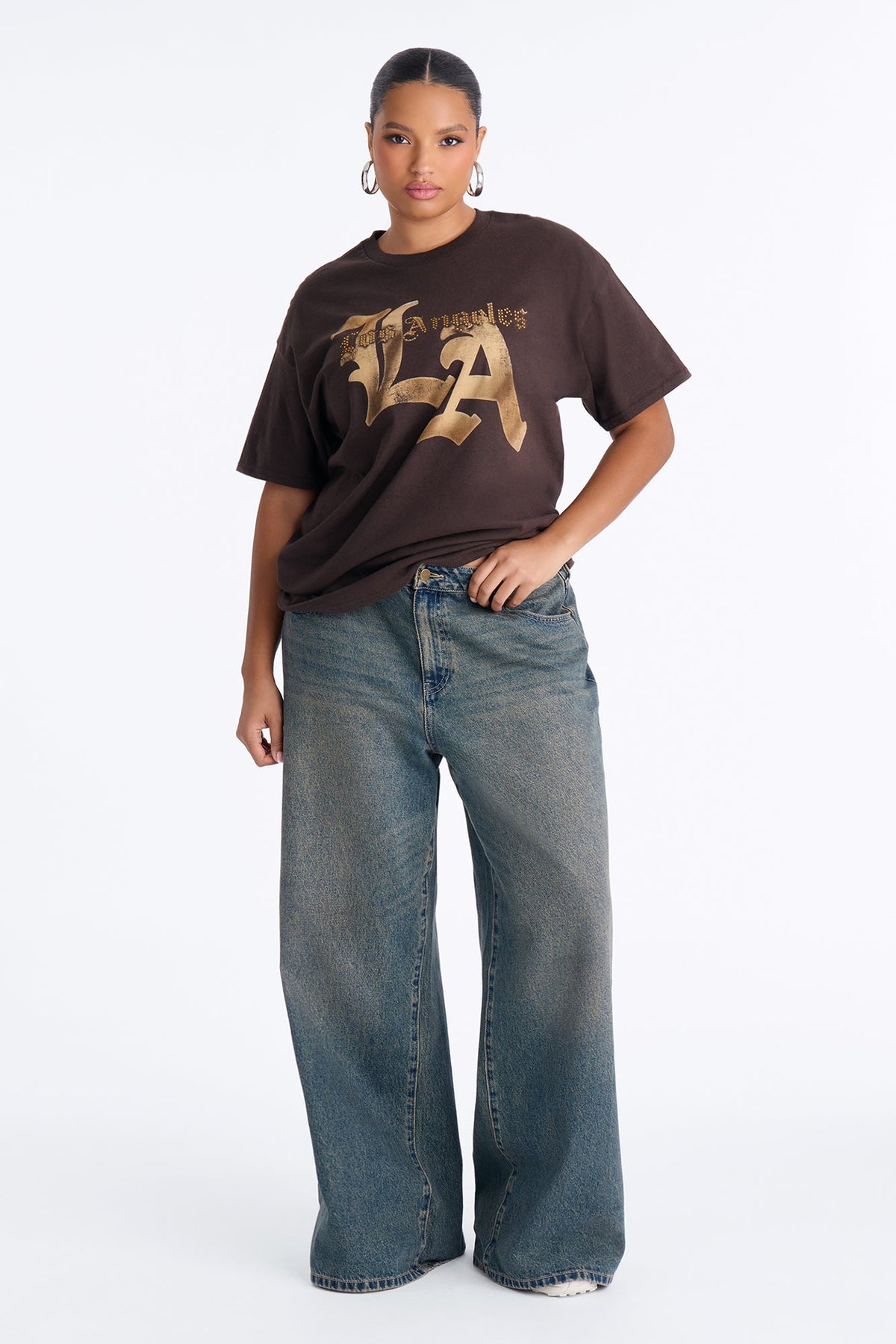 Los Angeles Rhinestone Script Tee - Chocolate