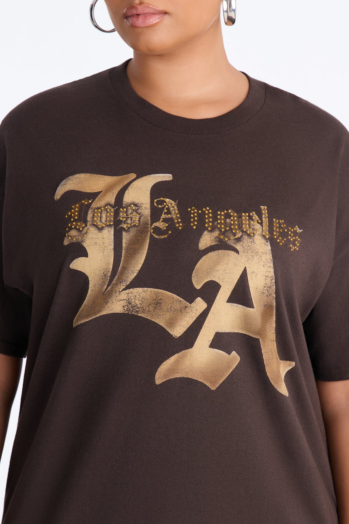Los Angeles Rhinestone Script Tee - Chocolate