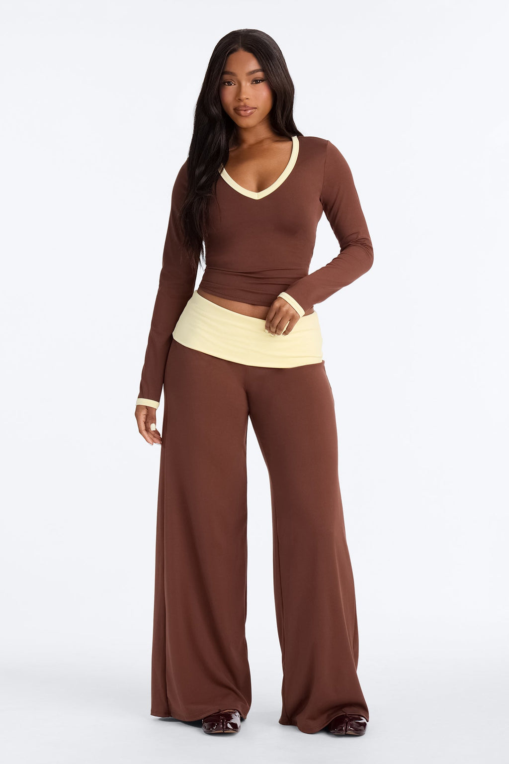 Hailey Foldover Waist Pant Set - Brown/combo