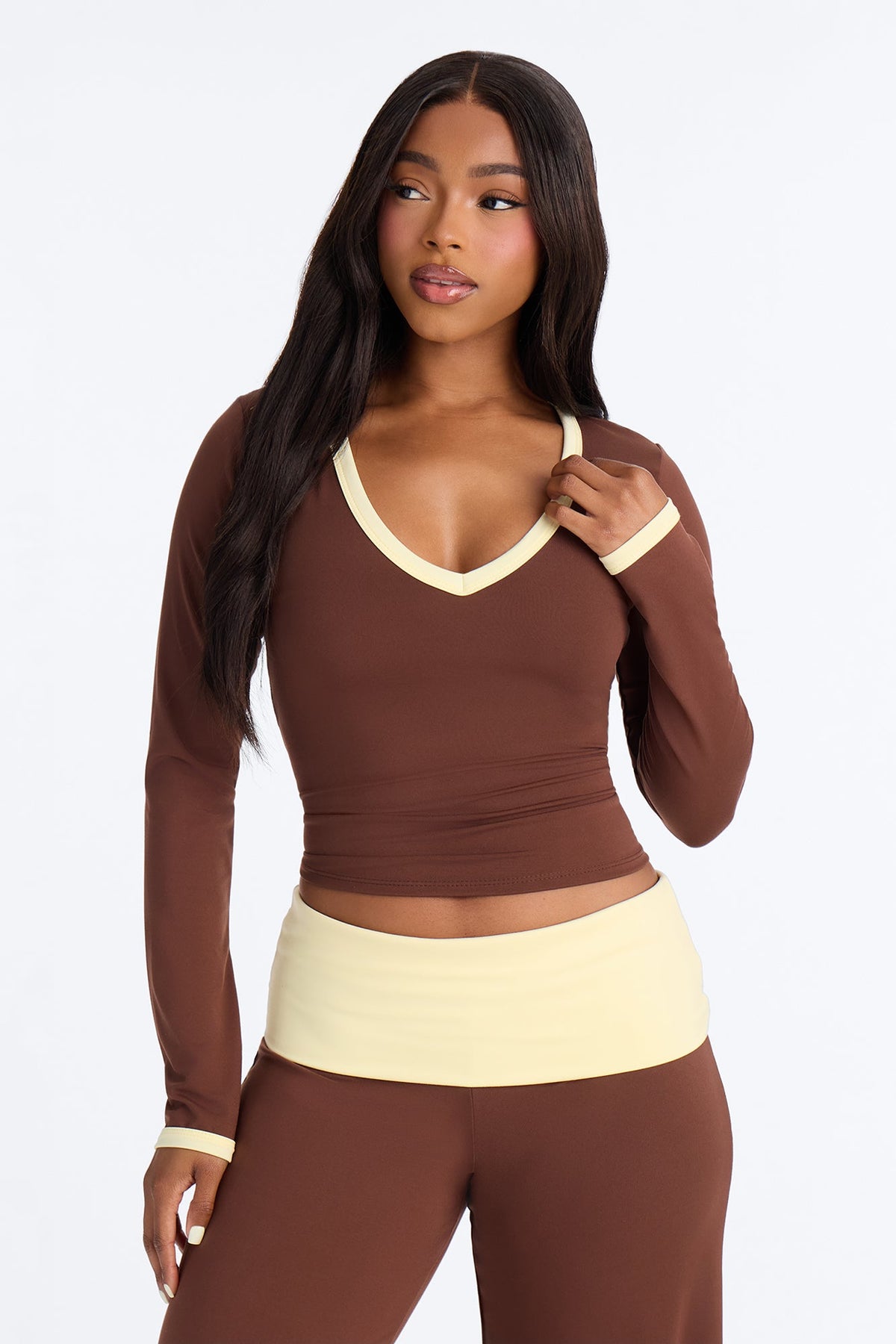 Hailey Foldover Waist Pant Set - Brown/combo