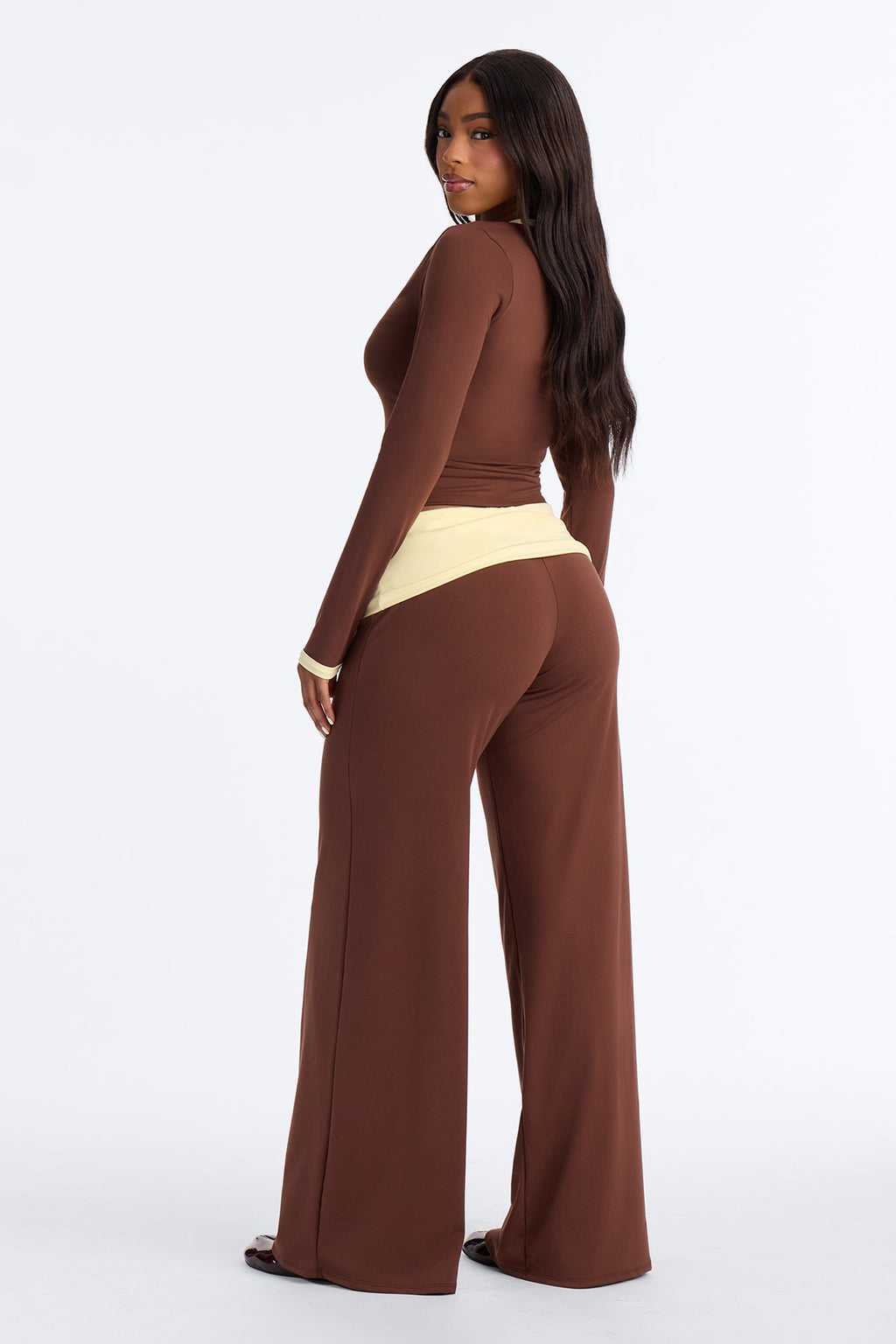 Hailey Foldover Waist Pant Set - Brown/combo