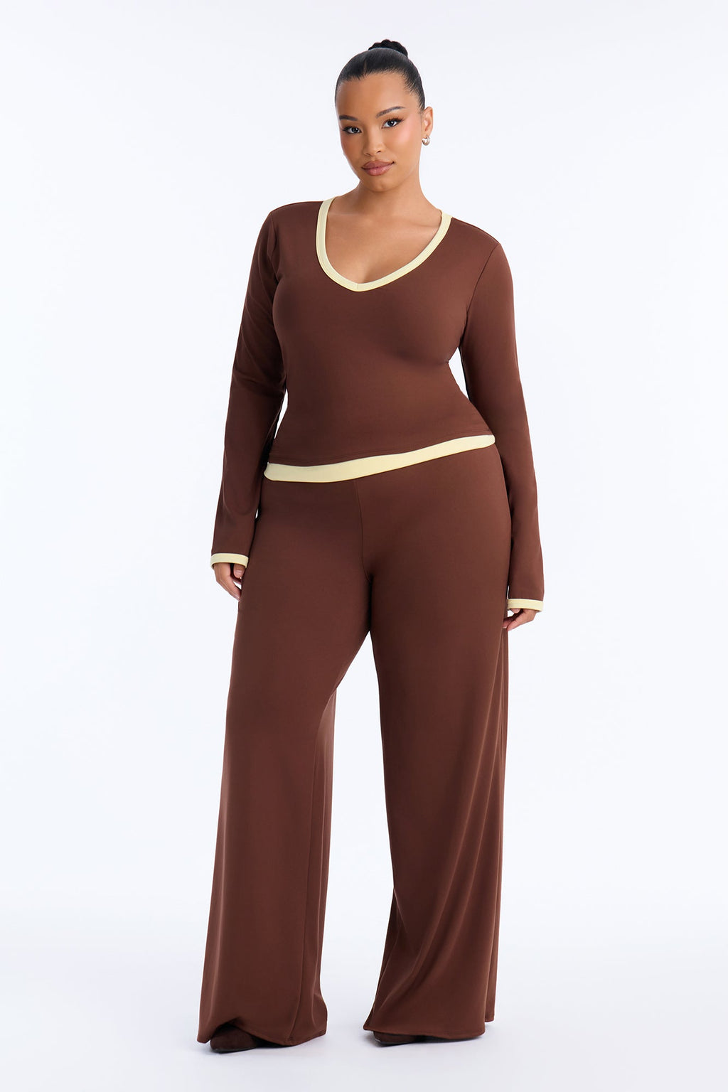 Hailey Foldover Waist Pant Set - Brown/combo