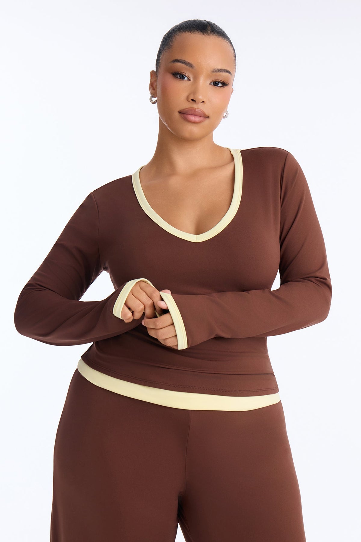 Hailey Foldover Waist Pant Set - Brown/combo