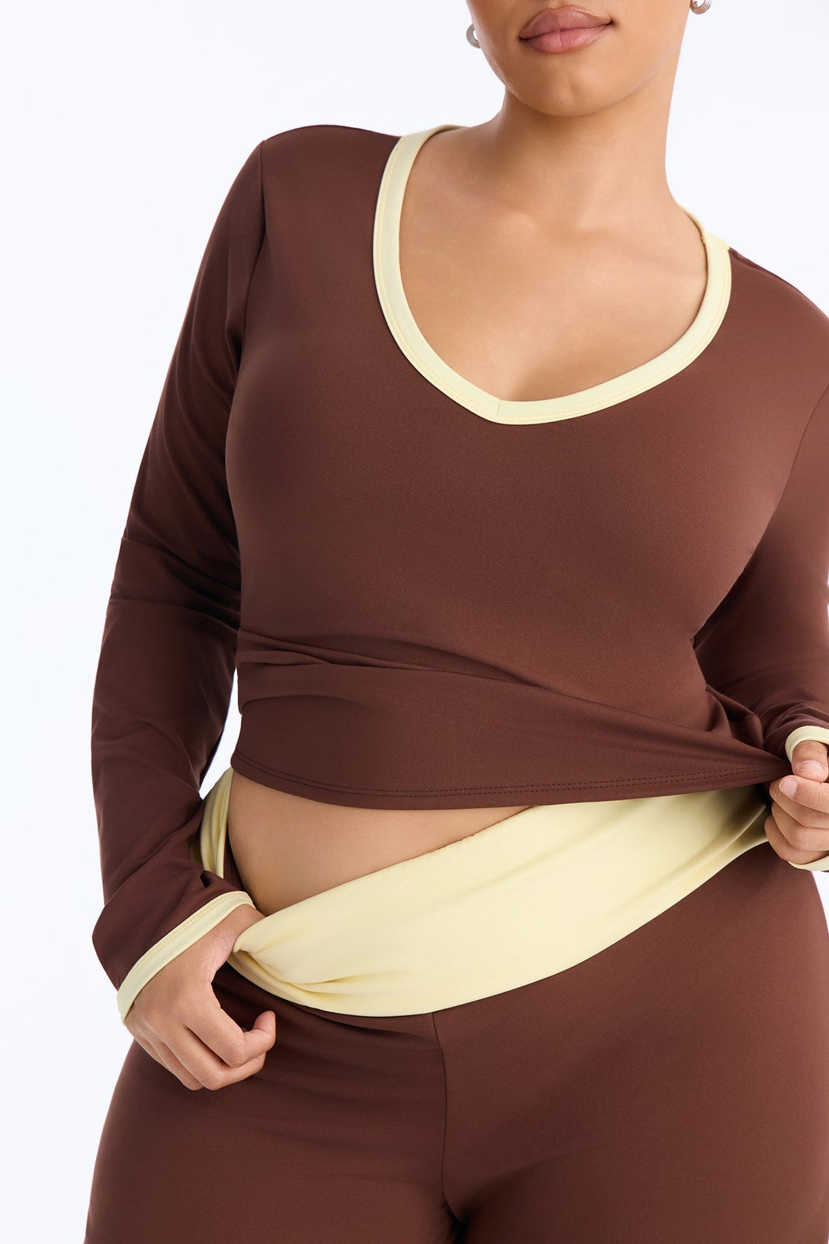 Hailey Foldover Waist Pant Set - Brown/combo
