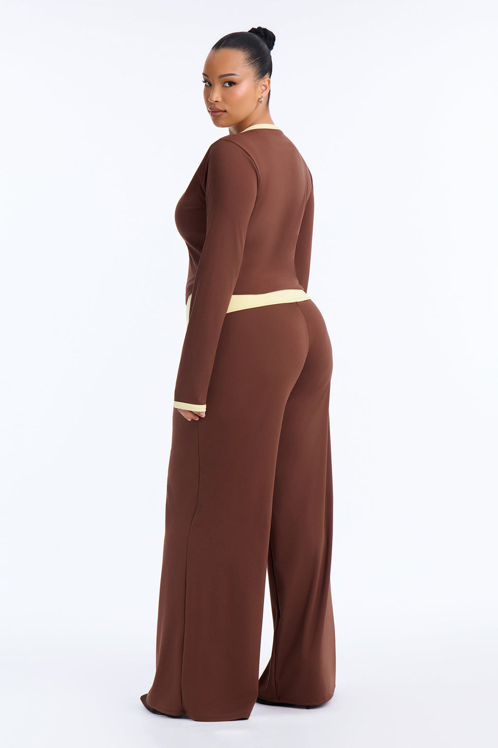 Hailey Foldover Waist Pant Set - Brown/combo