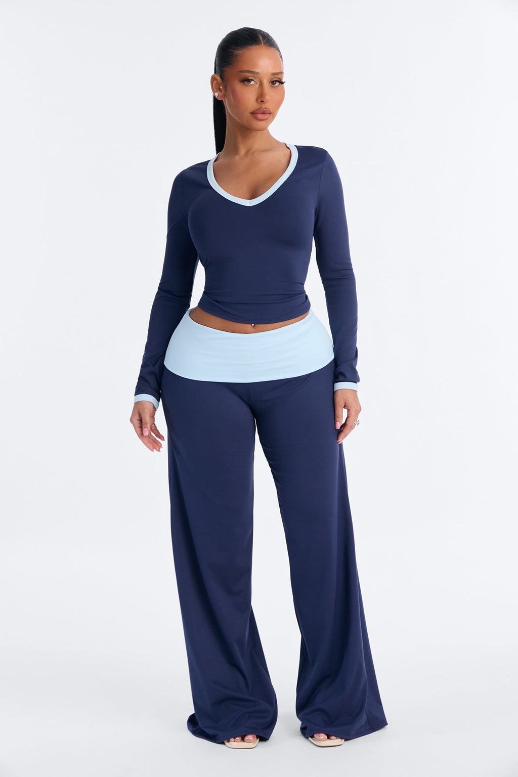 Hailey Foldover Waist Pant Set - Navy