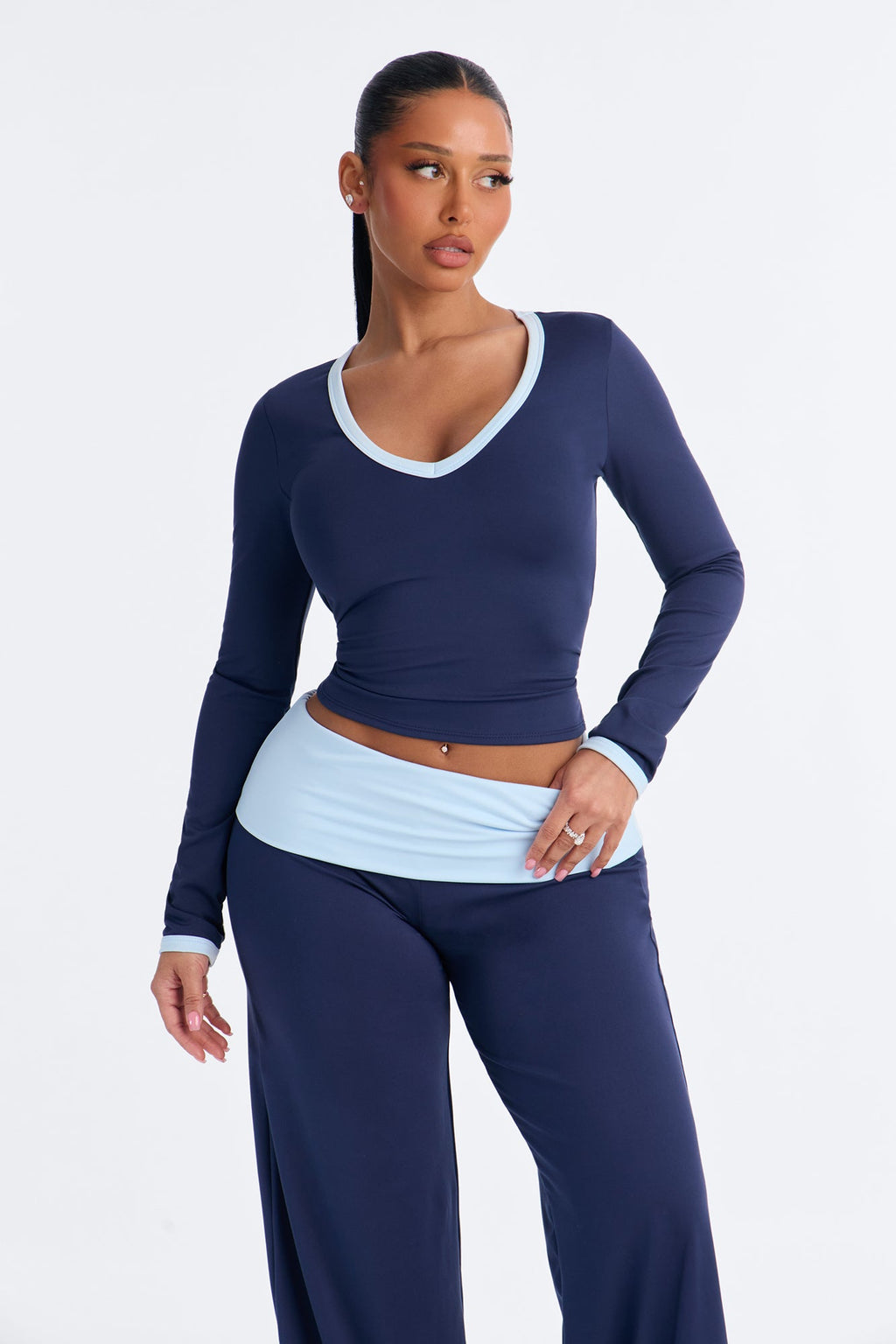Hailey Foldover Waist Pant Set - Navy