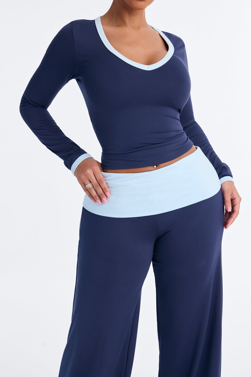 Hailey Foldover Waist Pant Set - Navy