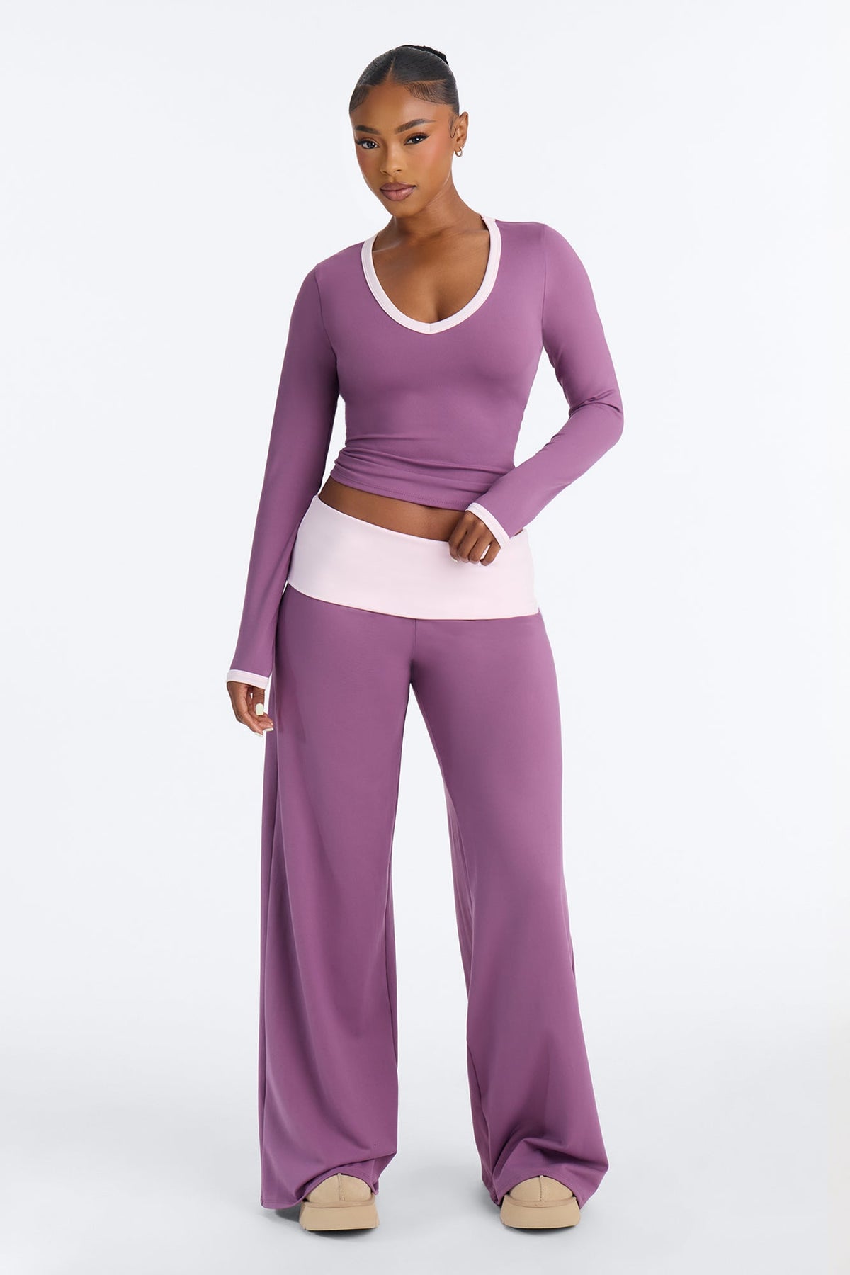 Hailey Foldover Waist Pant Set - Plum