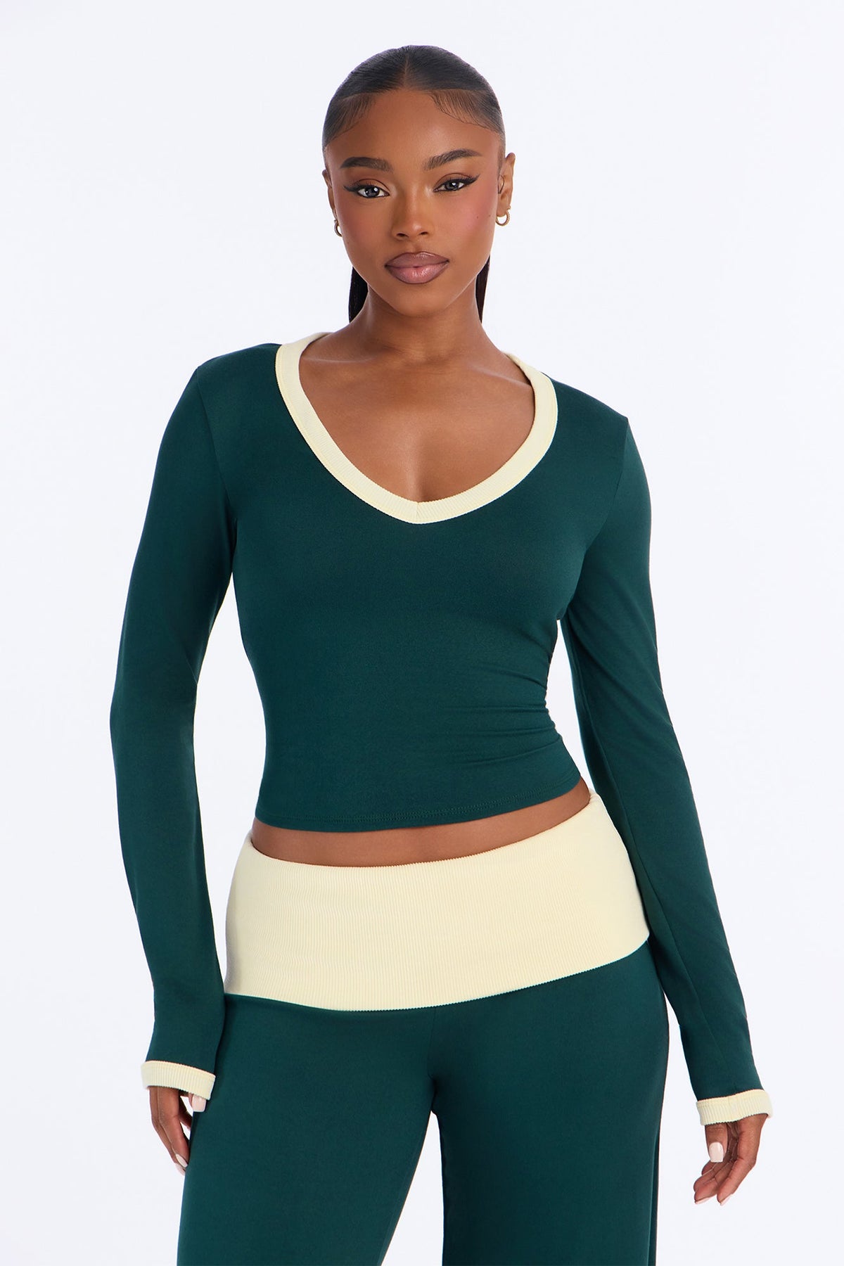 Amelie V Neck Foldover Pant Set - Hunter
