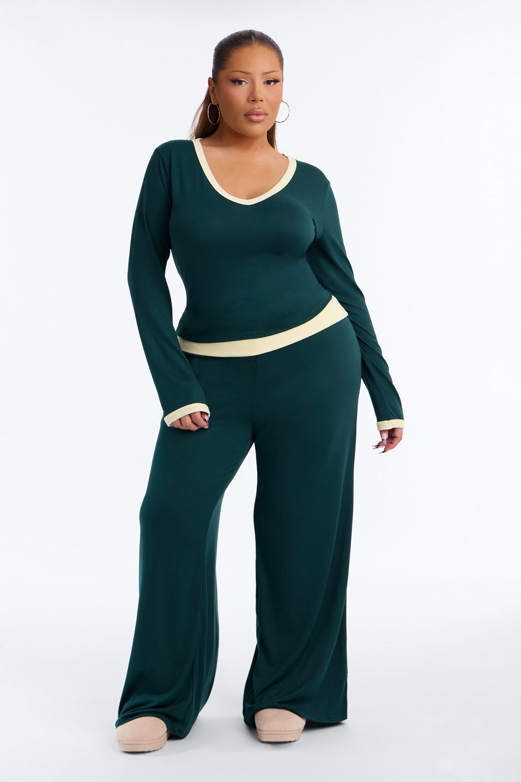 Amelie V Neck Foldover Pant Set - Hunter