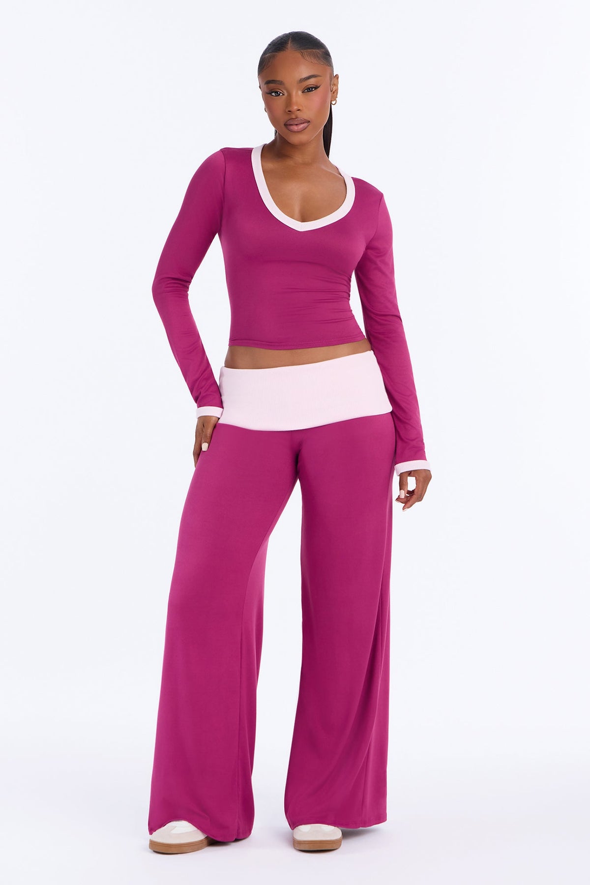 Amelie V Neck Foldover Pant Set - Magenta