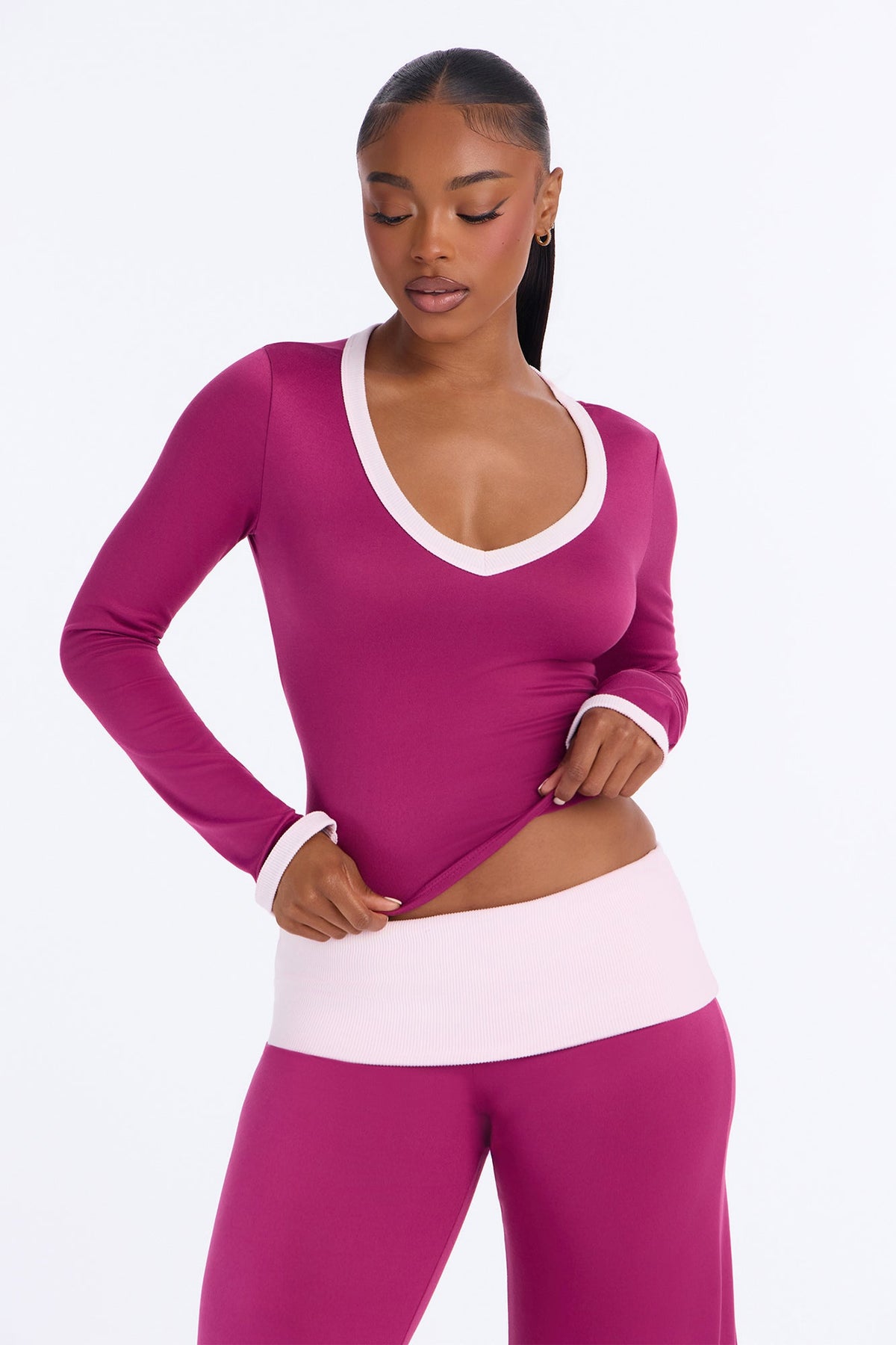 Amelie V Neck Foldover Pant Set - Magenta