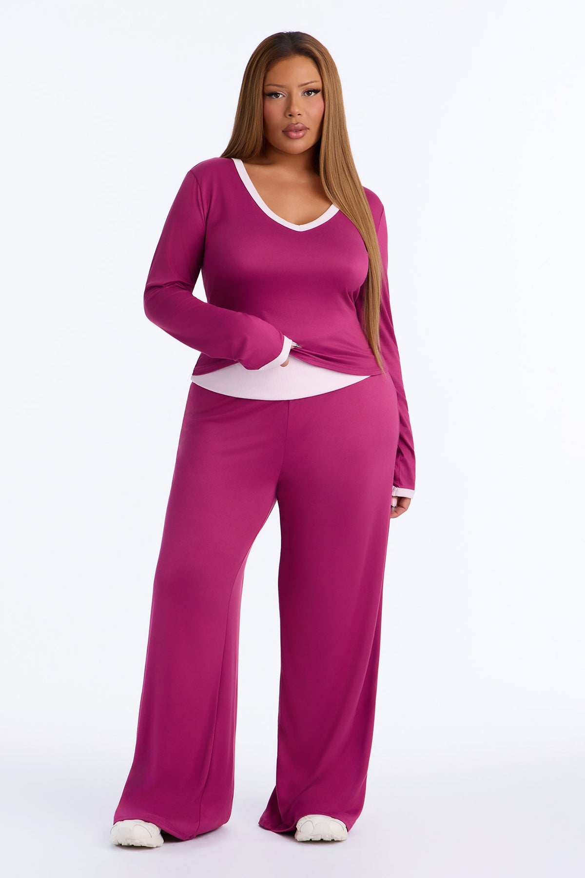 Amelie V Neck Foldover Pant Set - Magenta
