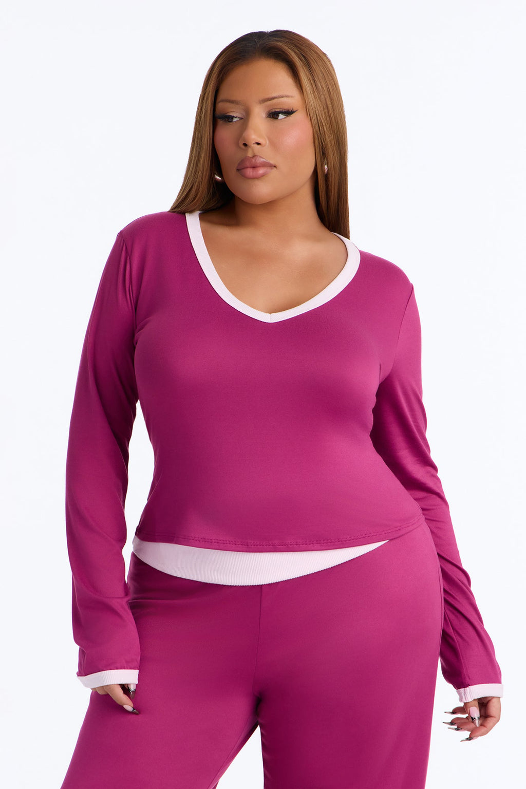 Amelie V Neck Foldover Pant Set - Magenta