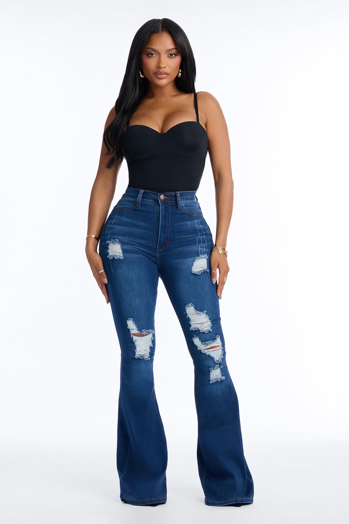 Downtown High Rise Ripped Soft Stretch 35″ Flare Leg Jeans - Dark Wash