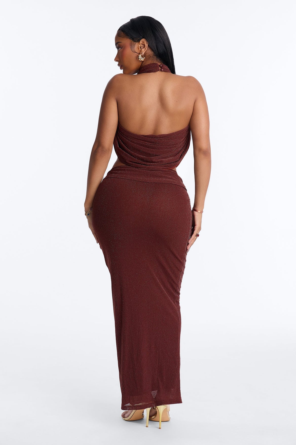 Arabella Cowl Neck Mesh Skirt Set - Rust