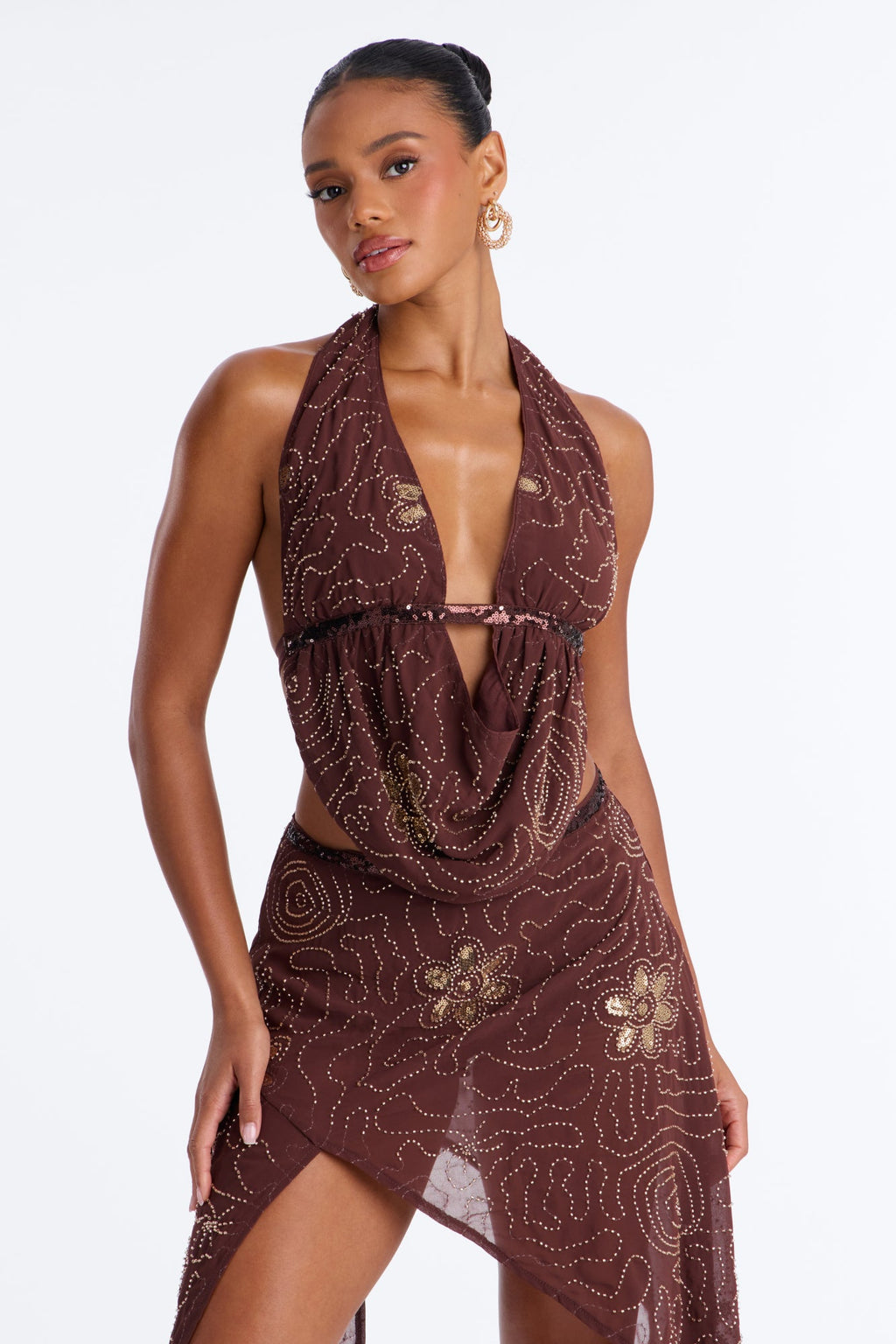Miami Chic Embellished Chiffon Skirt Set - Chocolate