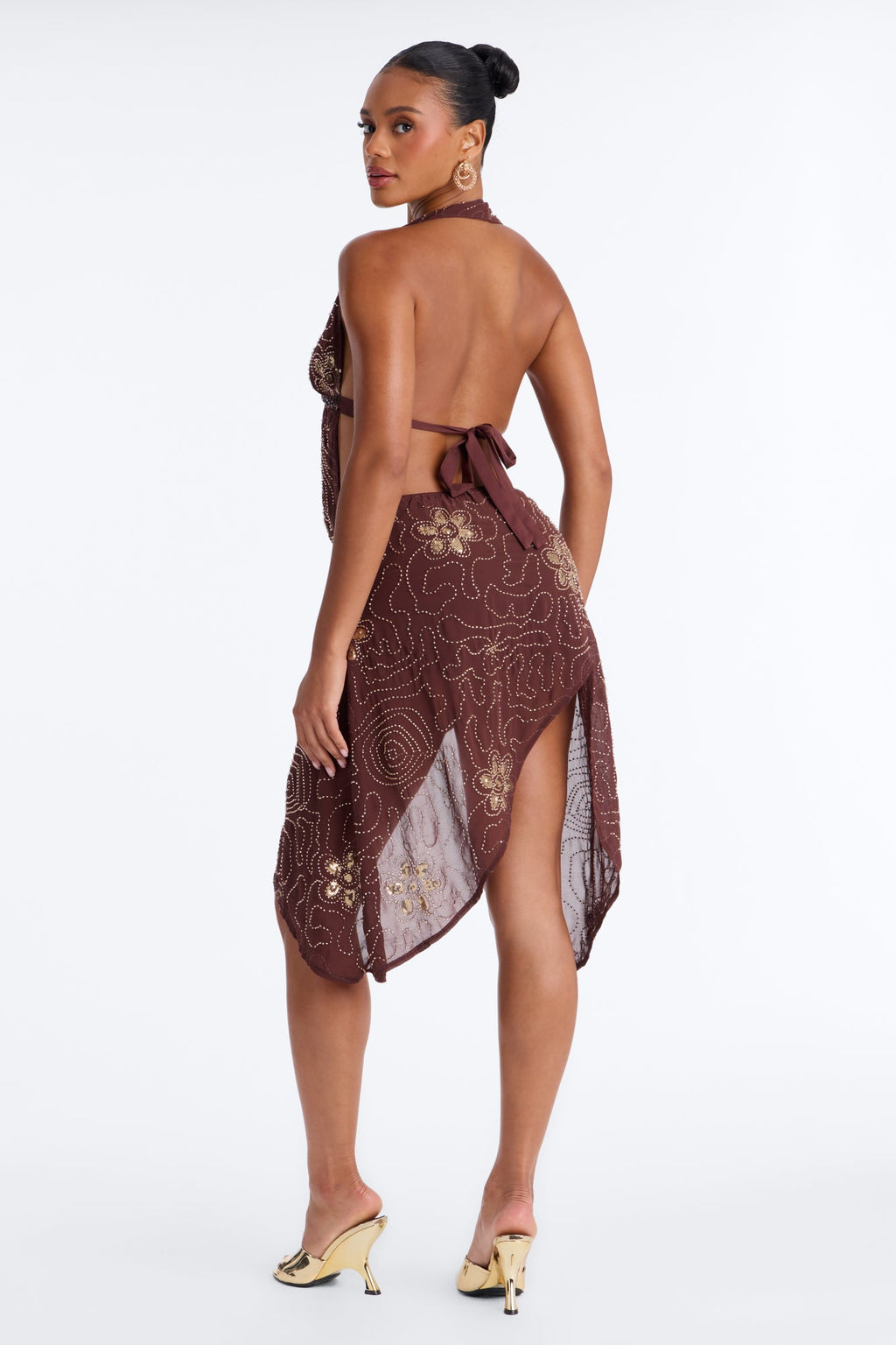 Miami Chic Embellished Chiffon Skirt Set - Chocolate