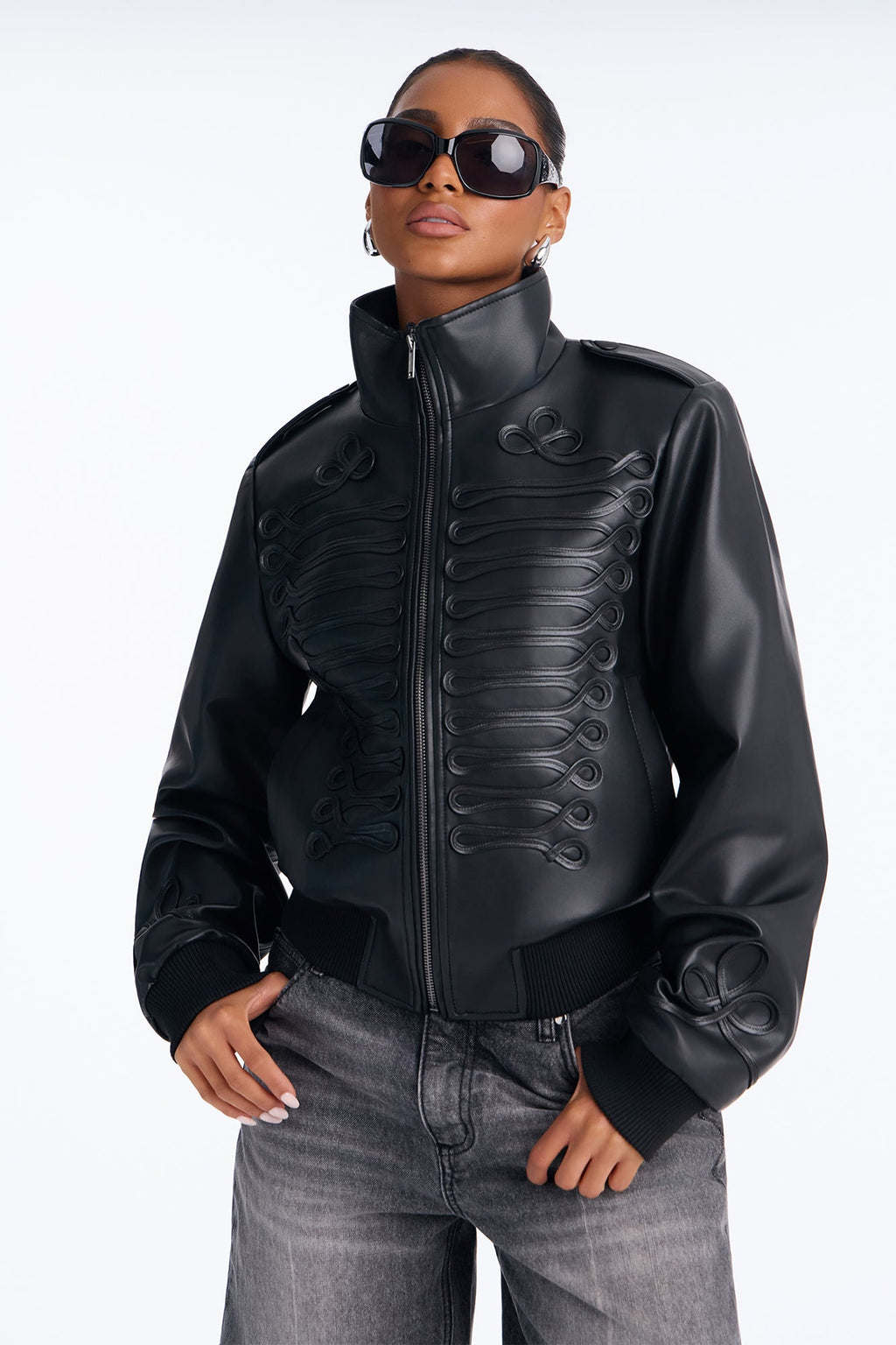Command Your Attention Military Faux Leather Bomber Jacket - Black